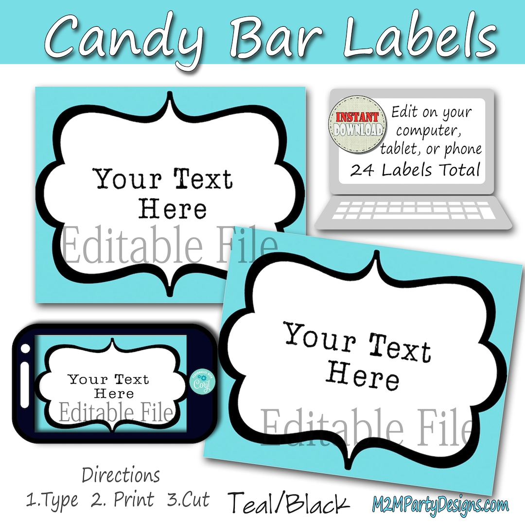 Candy Buffet Labels Teal And Black, Print Editable Card, Candy regarding Free Printable Candy Buffet Labels Templates