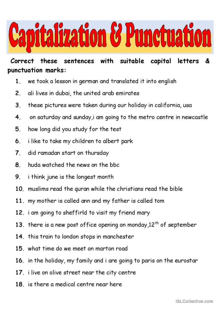 Capitalization &amp;amp; Punctuation: English Esl Worksheets Pdf &amp;amp; Doc inside Free Printable Worksheets for Punctuation and Capitalization