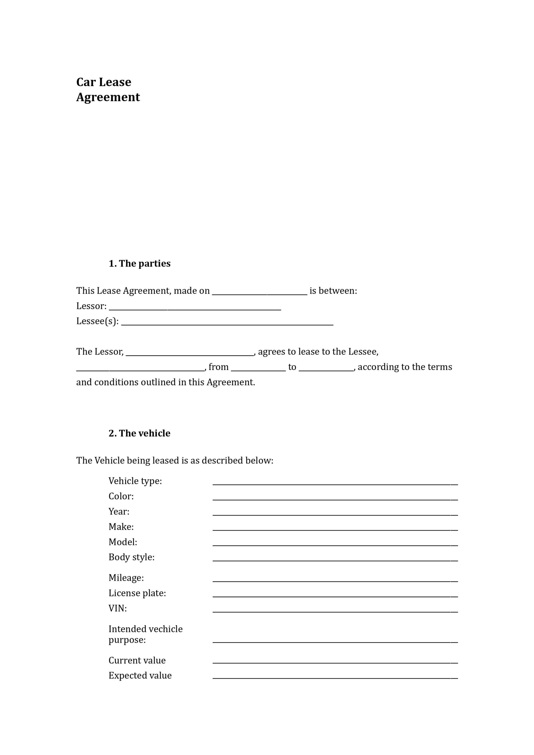 Car Lease Agreement Template in Free Printable Vehicle Lease Agreement