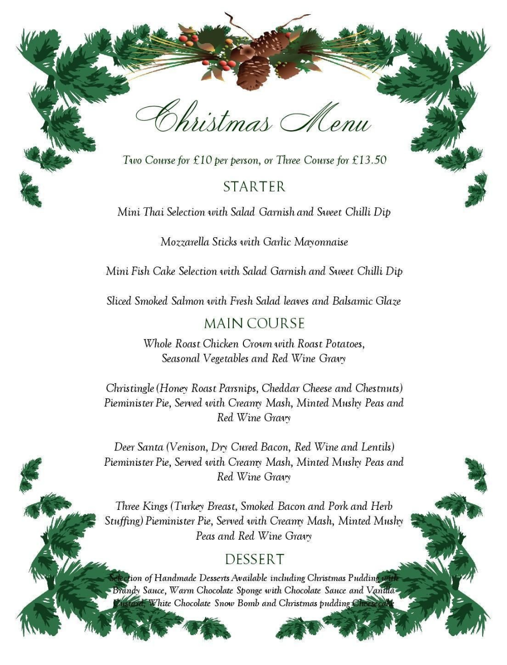 Christmas Menu With Pine Cones And Holly within Christmas Menu Printable Template Free