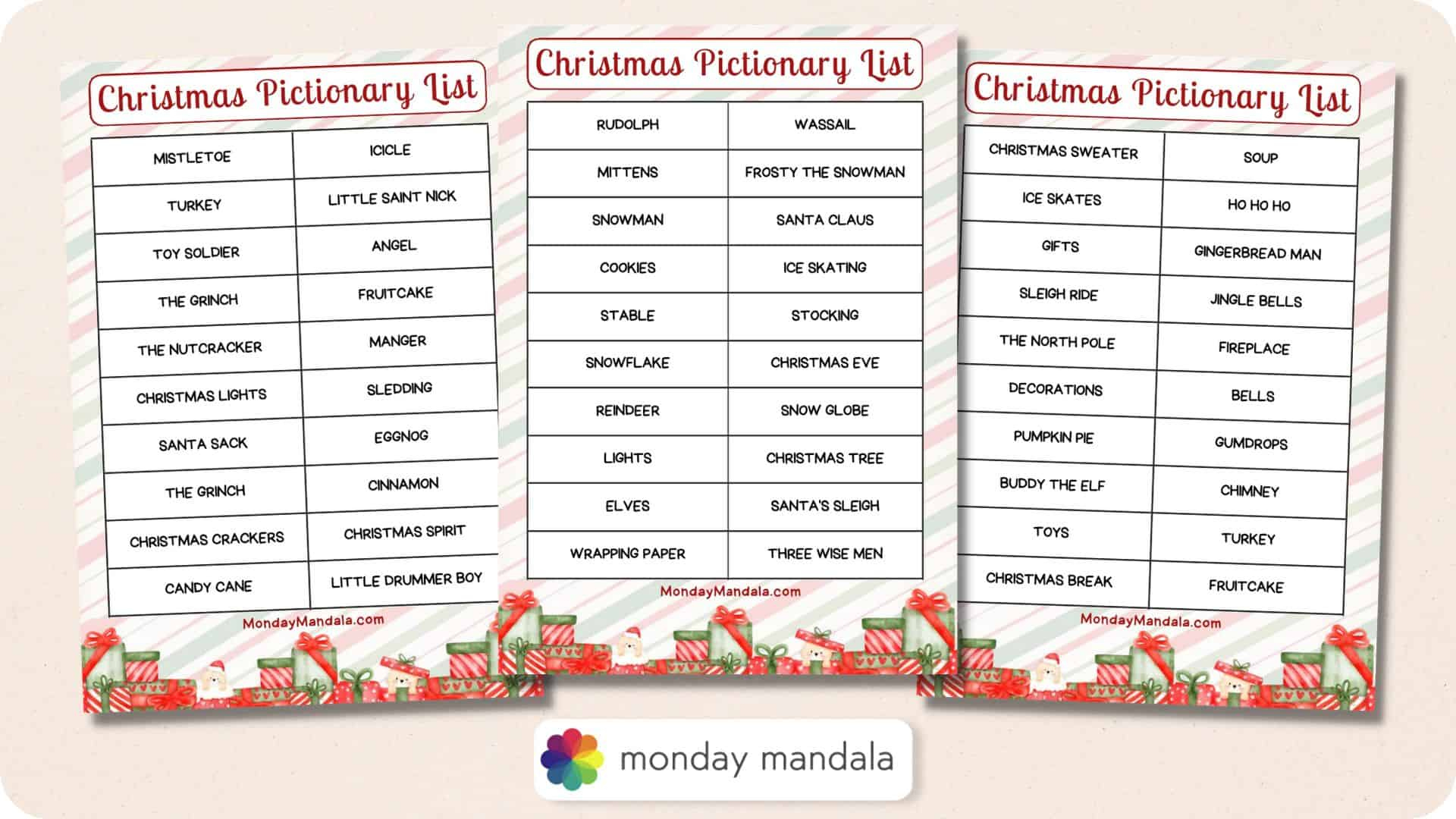 Christmas Pictionary Lists (Free Pdf Printables) for Free Printable Christmas Pictionary Cards