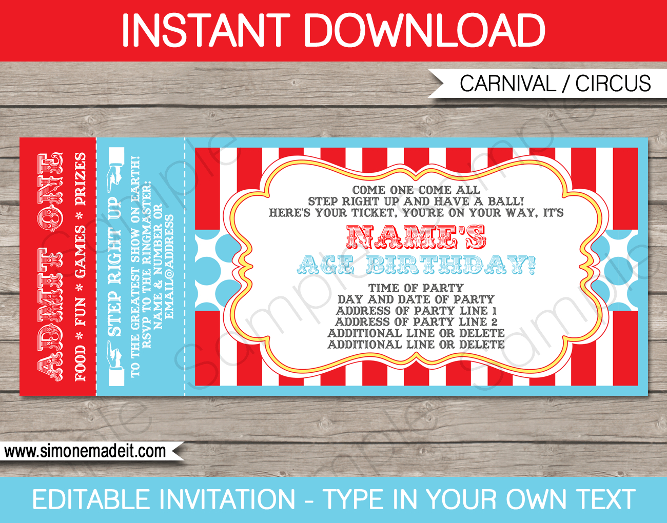 Circus Ticket Invitation Template - Red/Aqua in Free Printable Ticket Invitation Templates