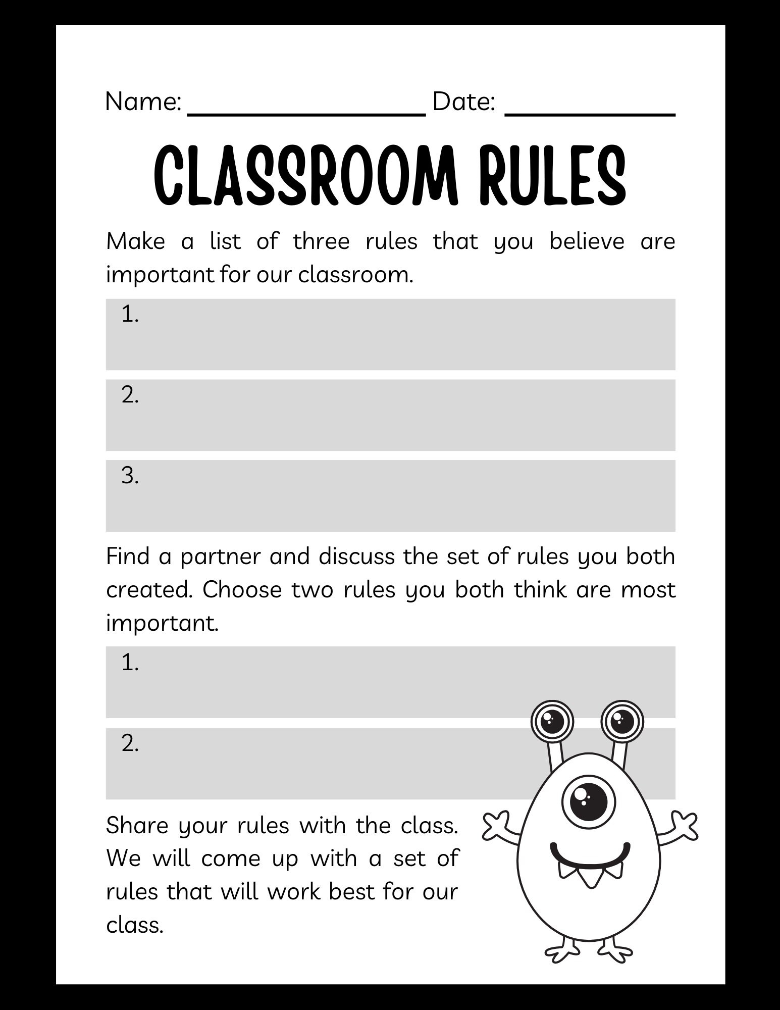 Classroom Rules Worksheet, School Worksheet, Class Handout, Cute for Free Printable Classroom Rules Worksheets