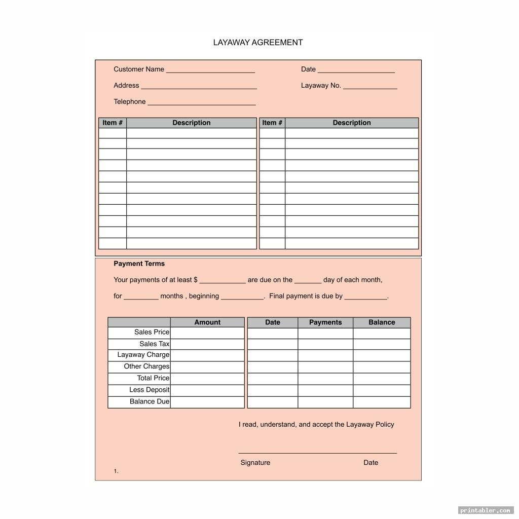 Color Layaway Contract Template Printable - Printabler for Free Printable Layaway Forms