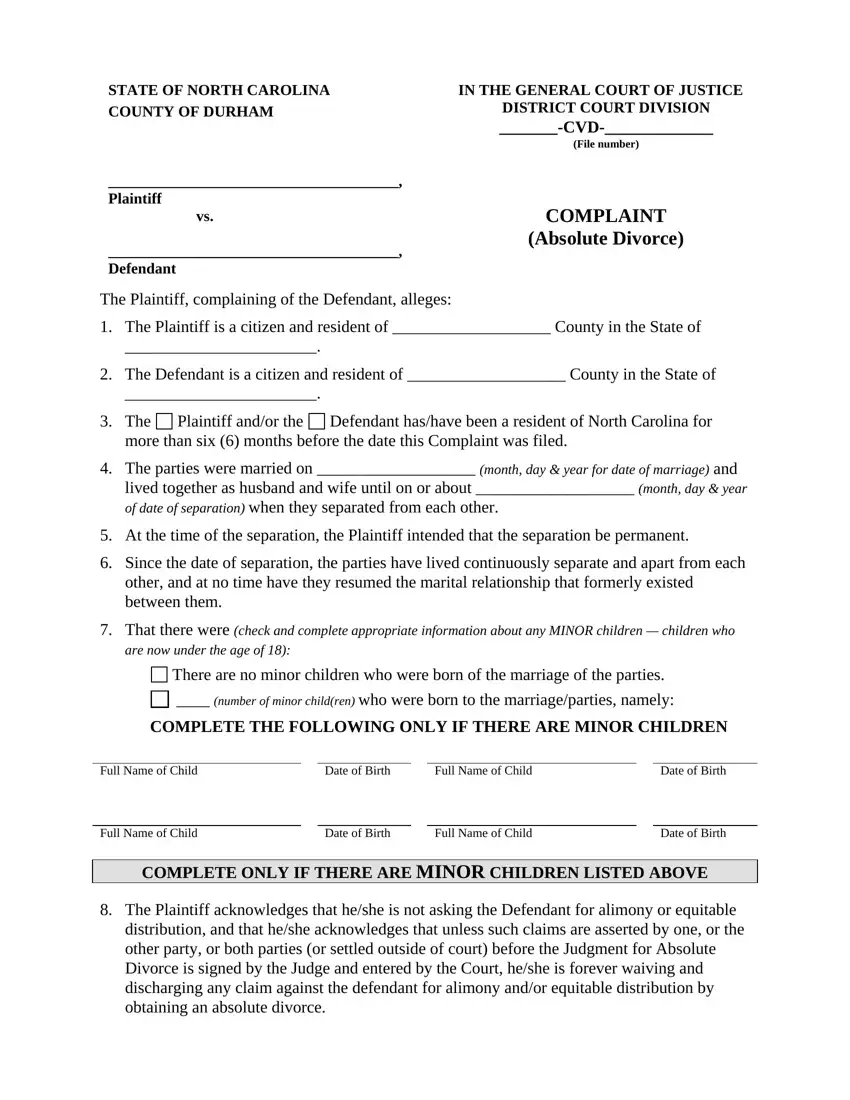 Complaint Divorce Nc Form ≡ Fill Out Printable Pdf Forms Online pertaining to Free Printable Divorce Papers for North Carolina