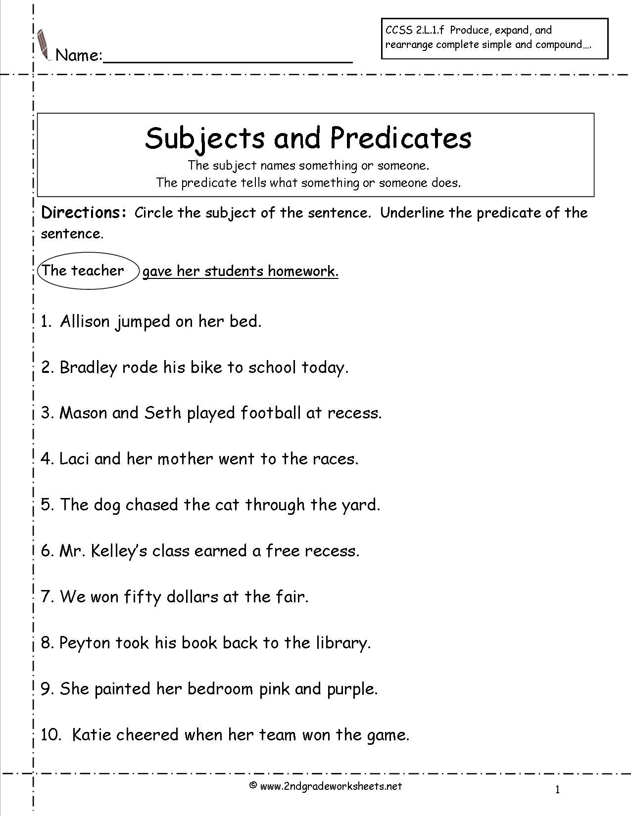 Complete Subject And Predicate Worksheets For Second Grade in Free Printable Subject Predicate Worksheets 2Nd Grade