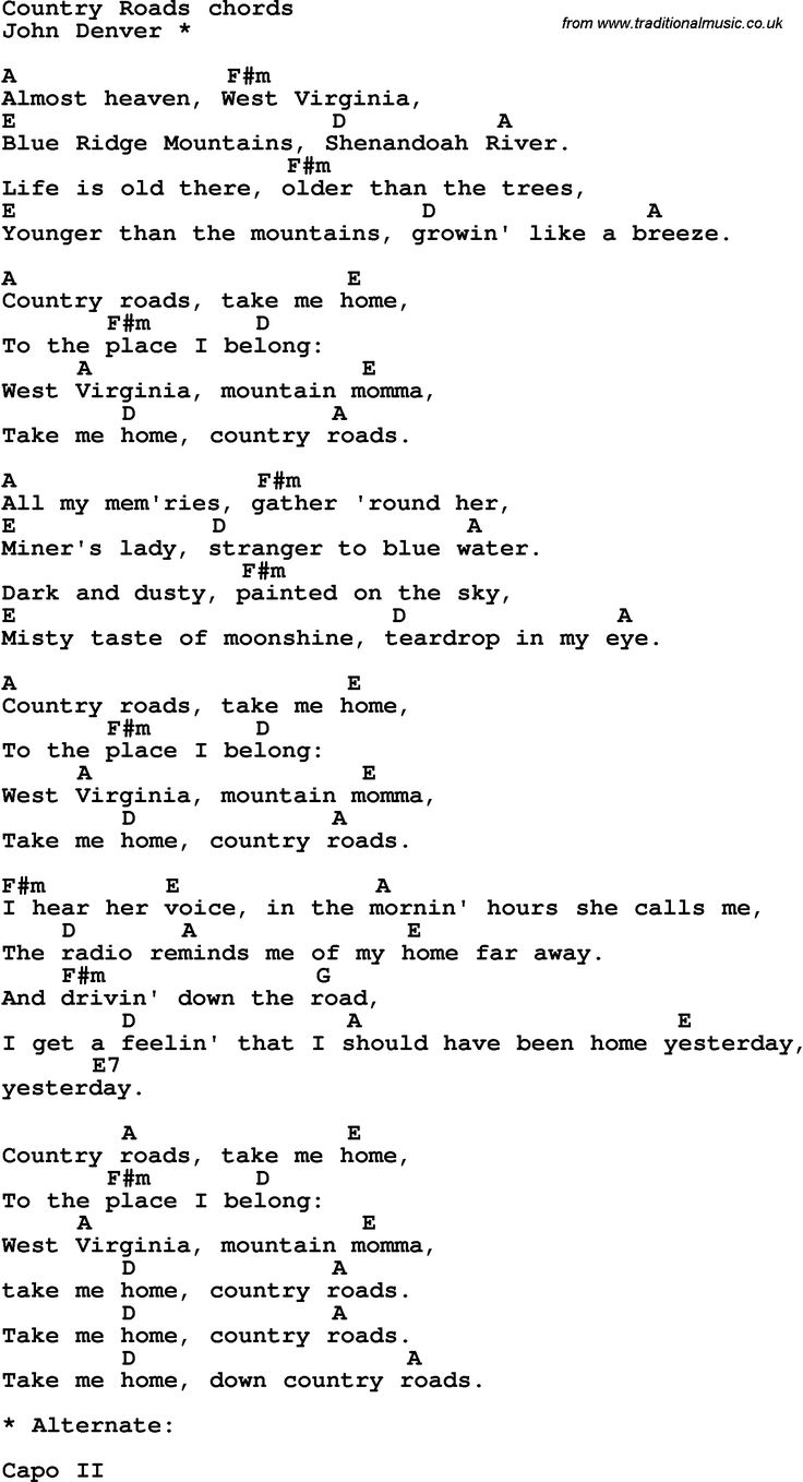 Country Roads Guitar Chords And Lyrics inside Free Printable Song Lyrics With Guitar Chords