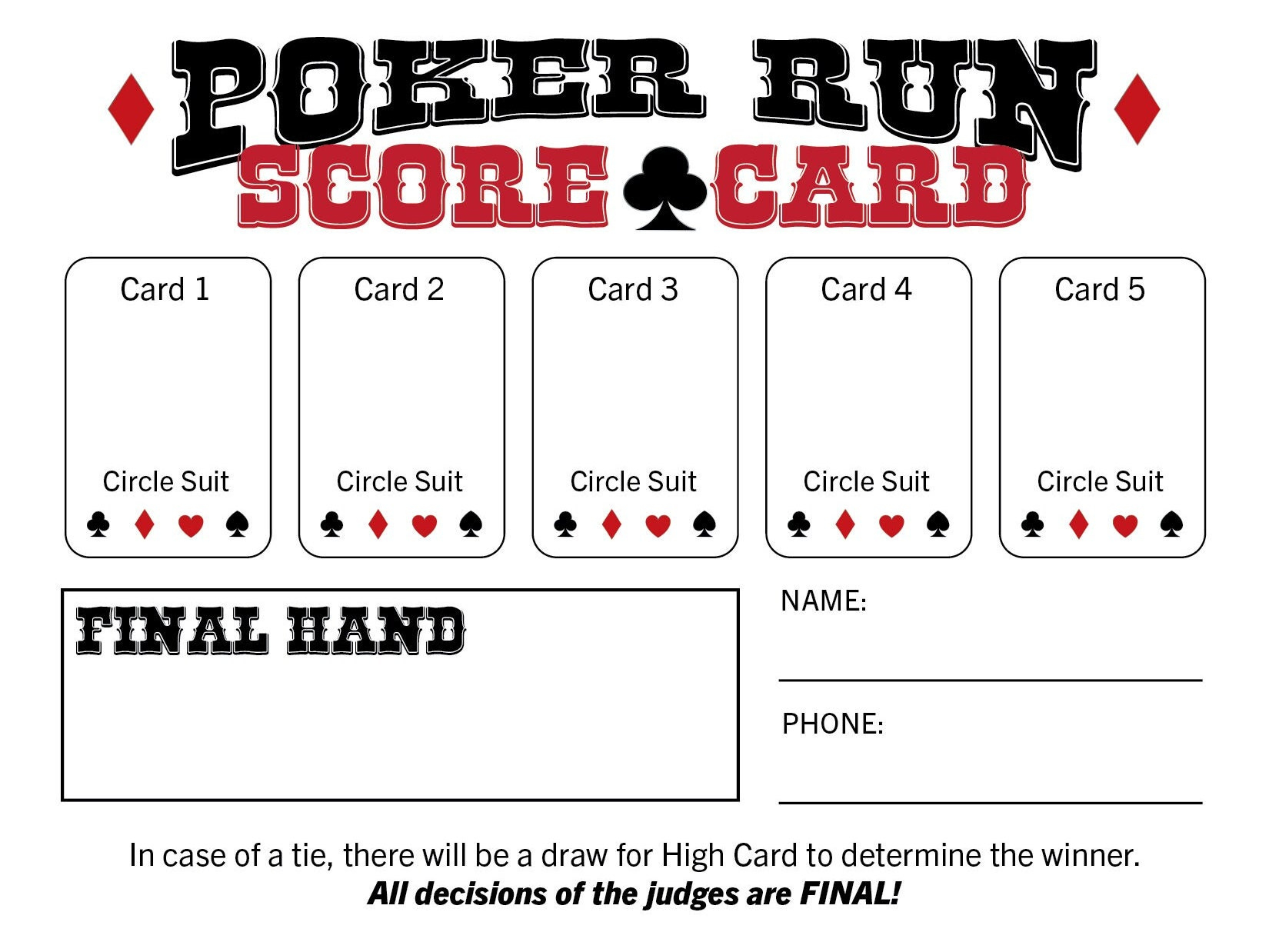 Custom Poker Run Score Cards - Etsy inside Free Printable Poker Run Sheets