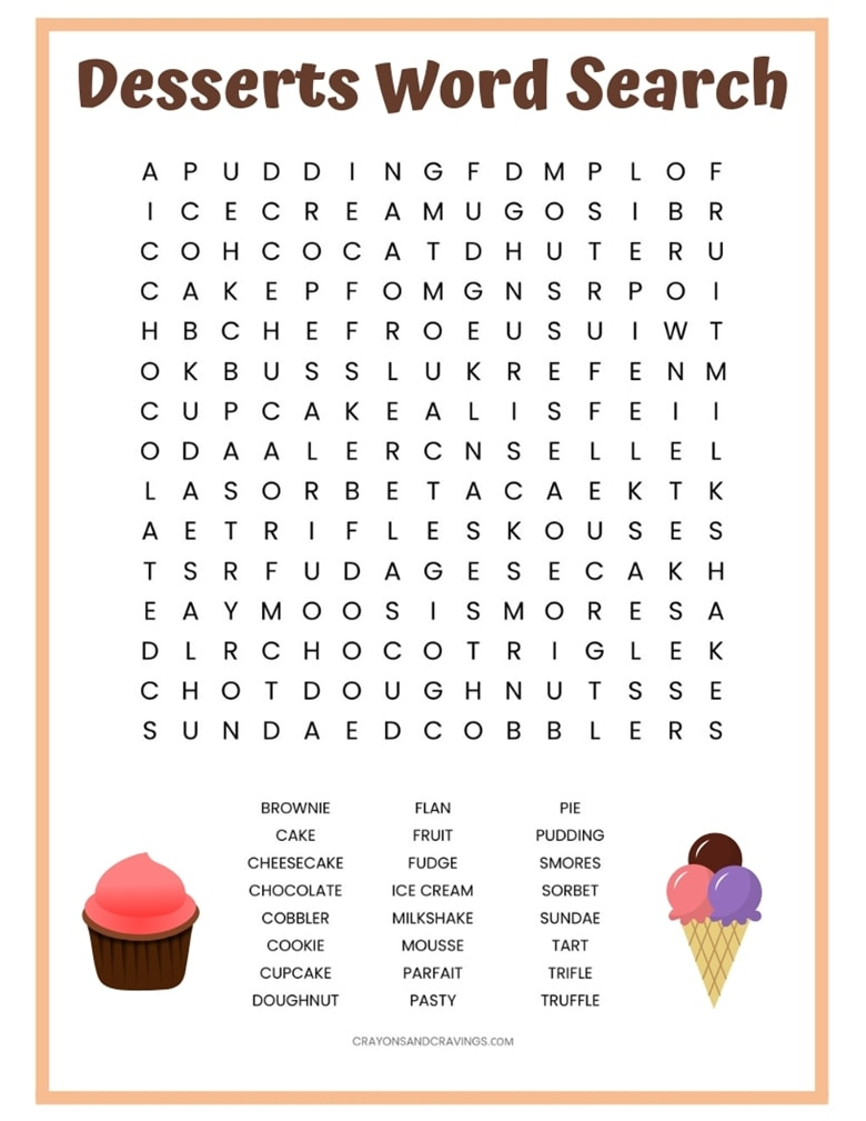 Desserts Word Search - Free Printable Worksheet throughout Word Search Free Printables for Kids