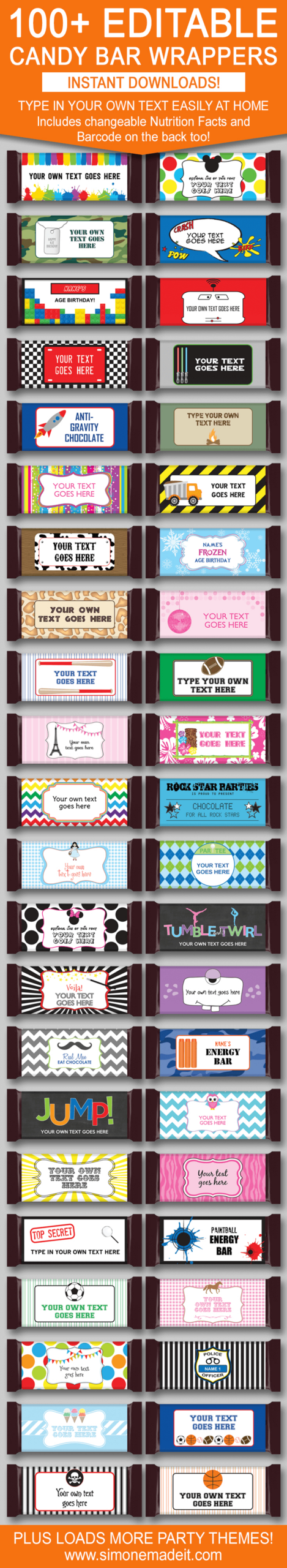 Diy Candy Bar Wrapper Templates | Party Favors | Chocolate Bar Labels for Free Printable Birthday Candy Bar Wrappers