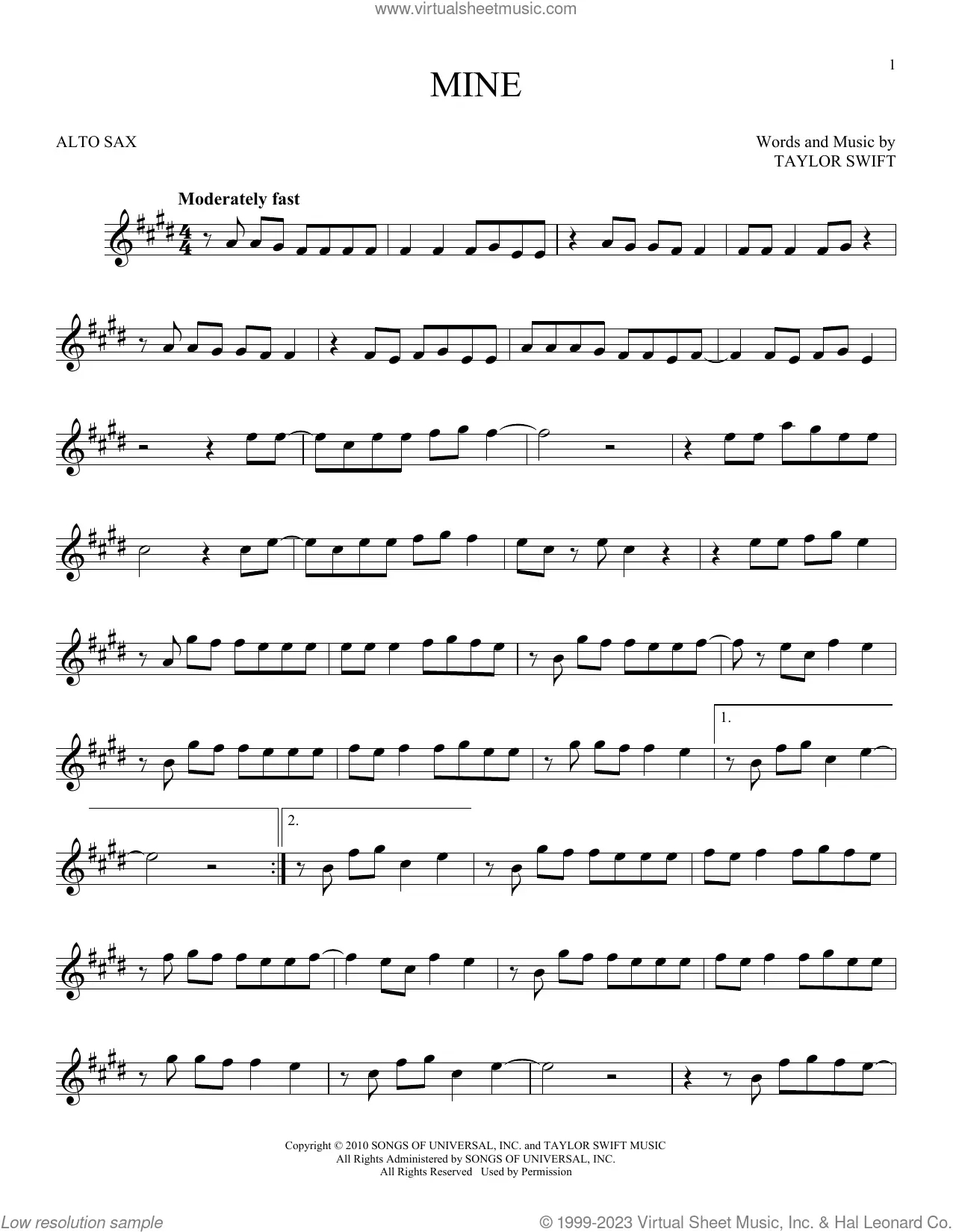 Download Digital Sheet Music Of Taylor Swift For Alto Saxophone with regard to Taylor Swift Mine Piano Sheet Music Free Printable