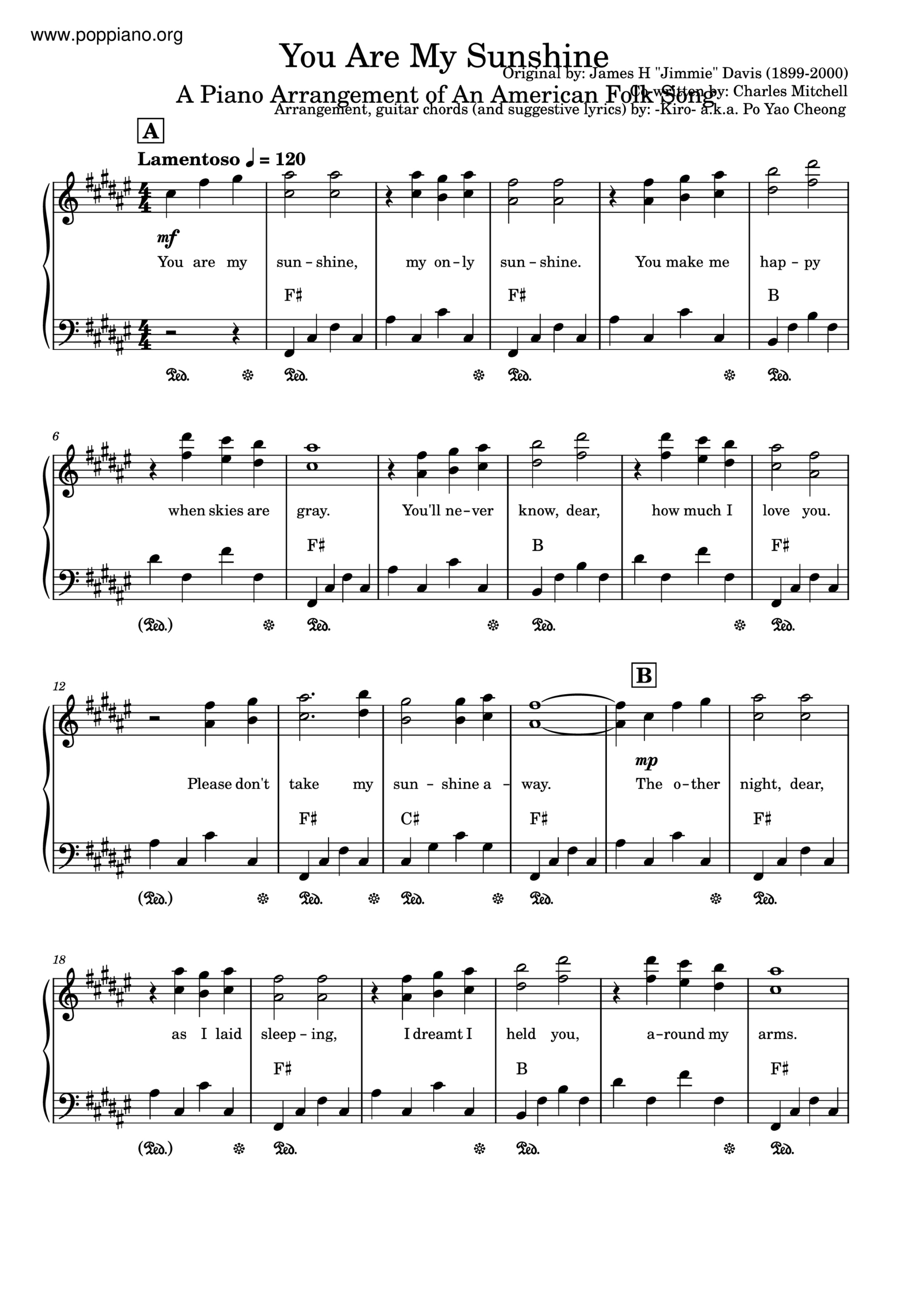 ☆ You Are My Sunshine | Sheet Music | Piano Score Free Pdf with Free Printable Piano Sheet Music For You Are My Sunshine