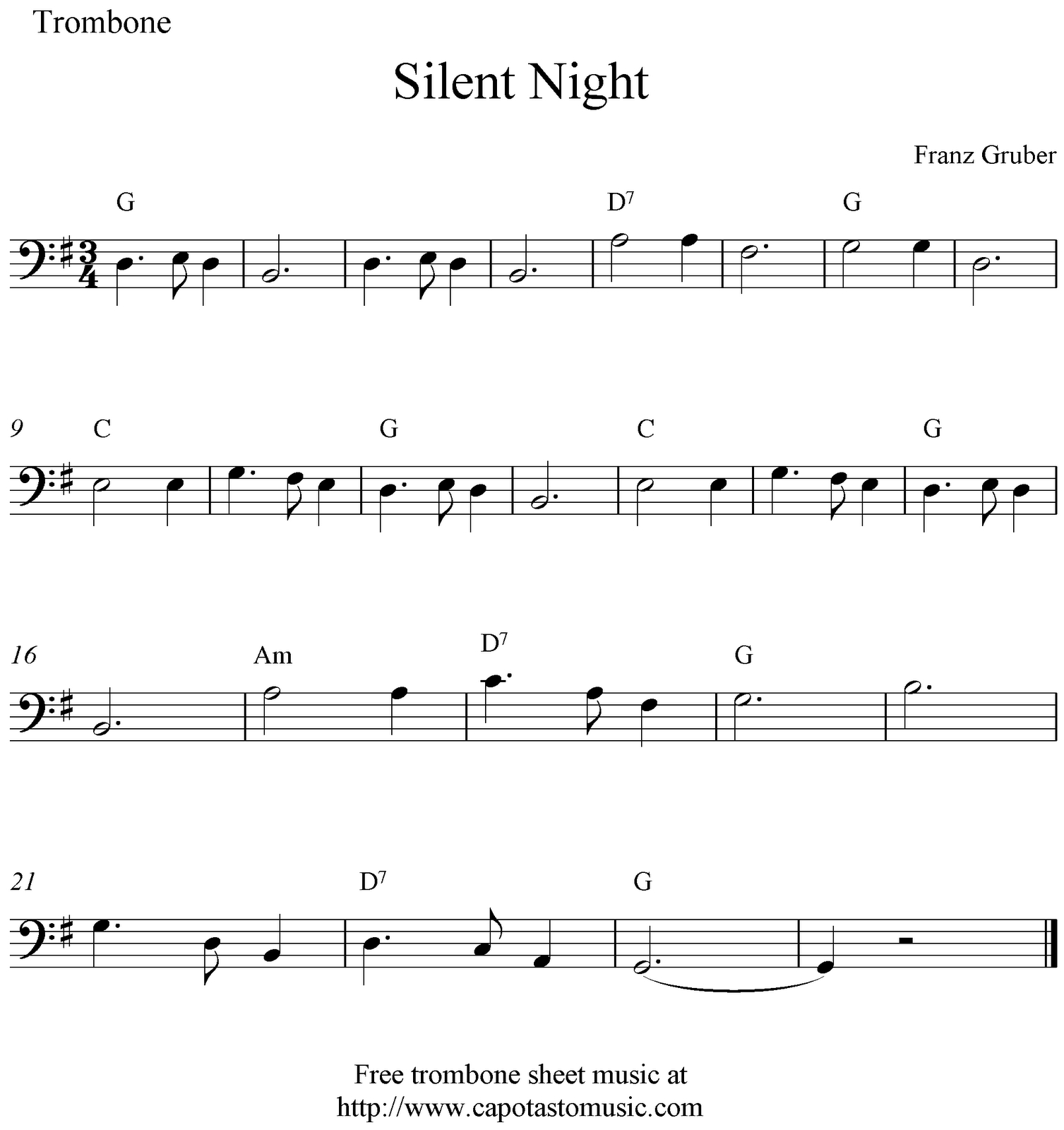 Easy Sheet Music For Beginners: Silent Night, Free Christmas with Trombone Christmas Sheet Music Free Printable