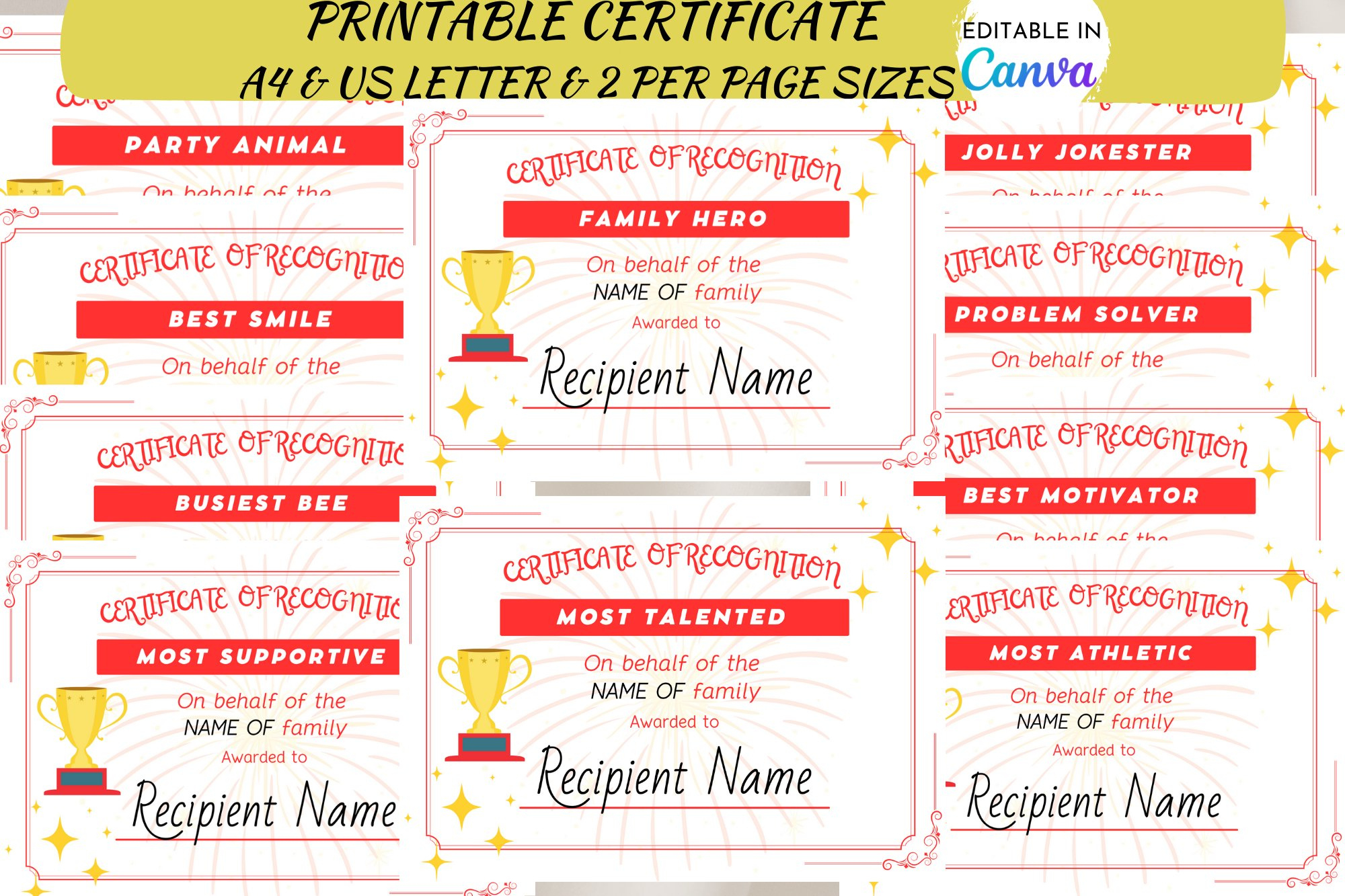 Editable Family Reunion Award Certificate Canva (2592895) regarding Free Printable Family Reunion Awards