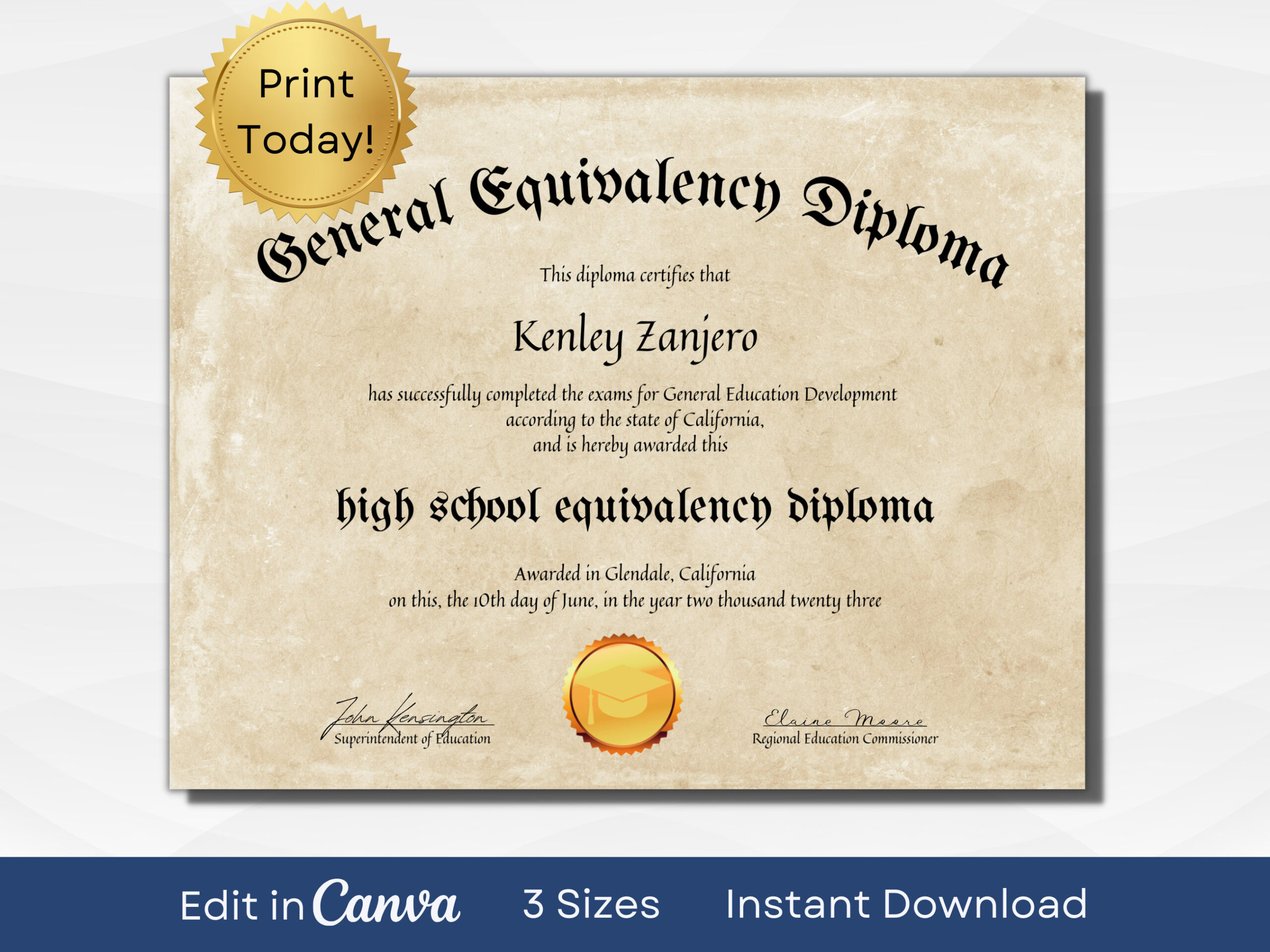 Editable Ged Certificate Template Printable High School Diploma A4 within Free Printable Ged Certificate