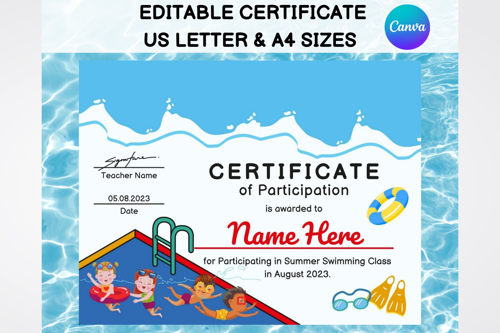 Editable Swimming Certificate Template, Kids Sports Diploma regarding Free Printable Swimming Certificates for Kids