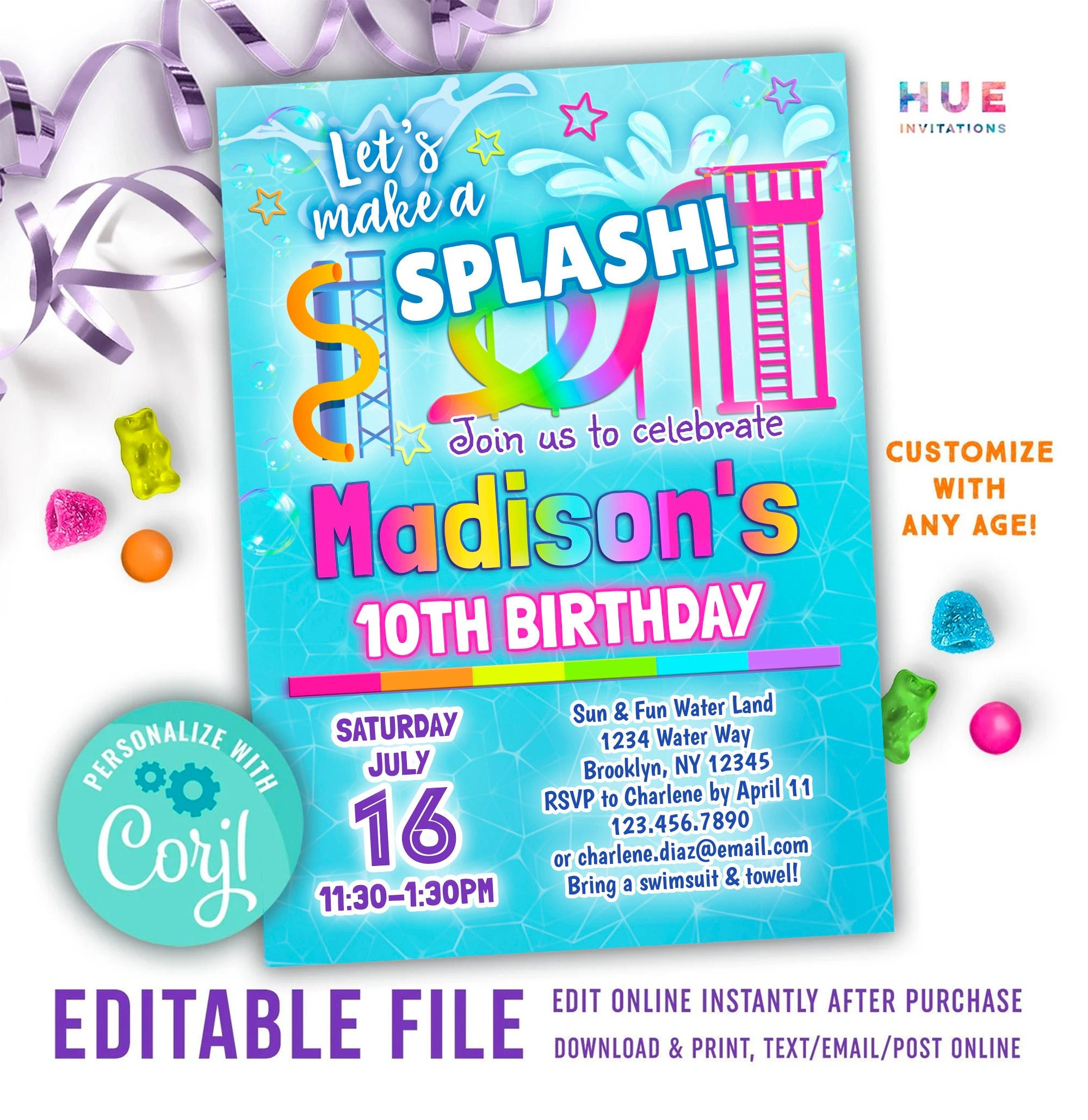 Editable Water Park Birthday Invitation Template | Let&amp;#039;S Make A Splash Girls Waterpark Party Invite | Summer Waterslide Printable Invitation pertaining to Free Printable Water Park Birthday Invitations