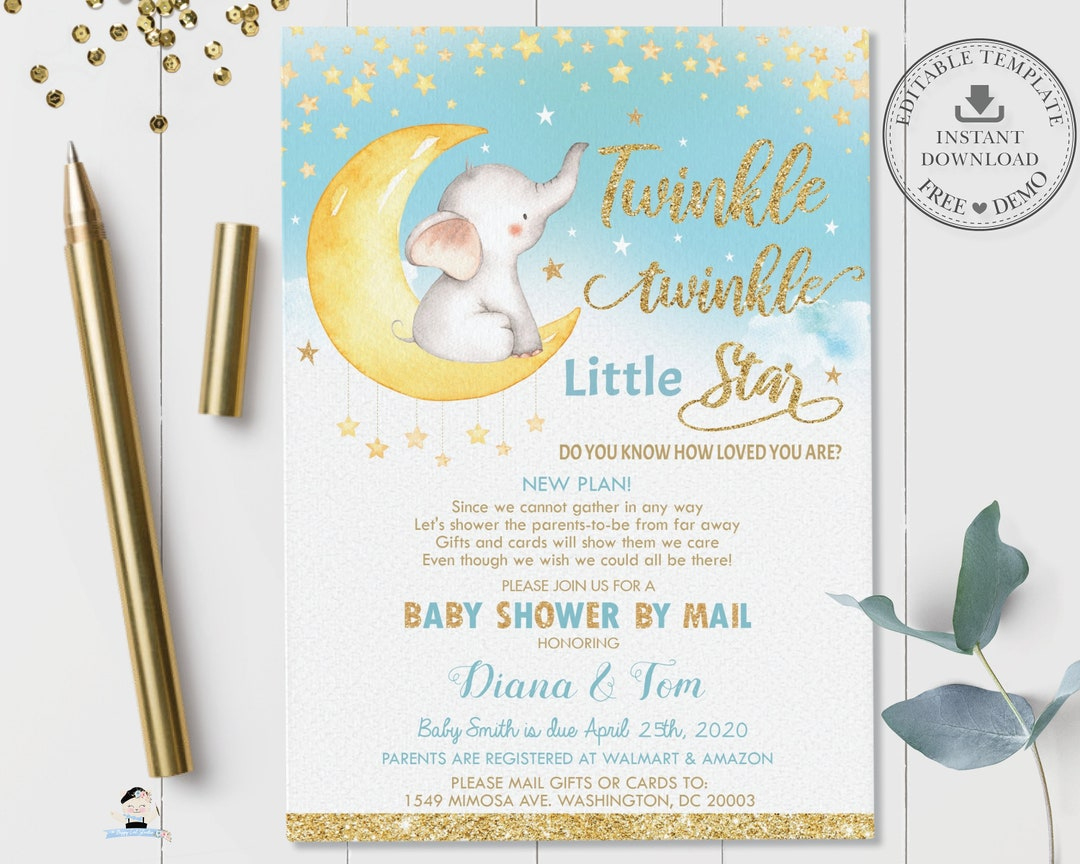 Elephant Twinkle Little Star Baby Showermail Invitation with regard to Free Printable Twinkle Twinkle Little Star Baby Shower Invitations