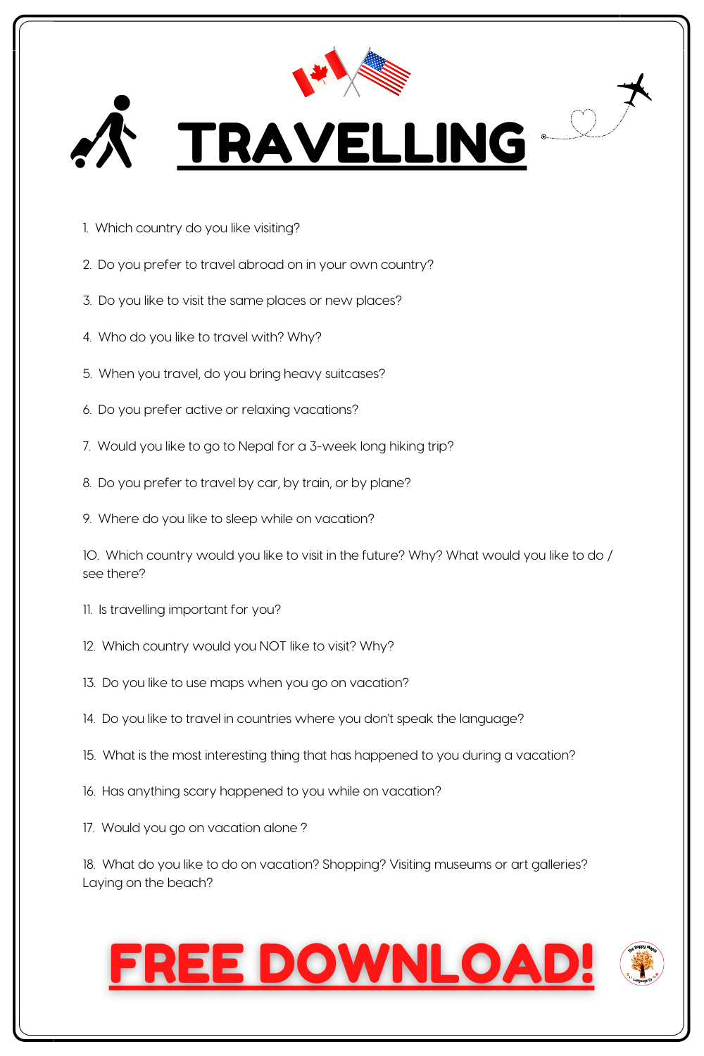 English Esl Conversation Questions - Travelling - The Happy Maple with regard to Free Printable English Conversation Worksheets