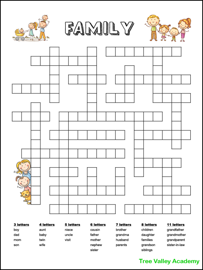 Family Members Fill In Word Puzzle For Kids - Tree Valley Academy pertaining to Free Printable Easy Fill in Puzzles