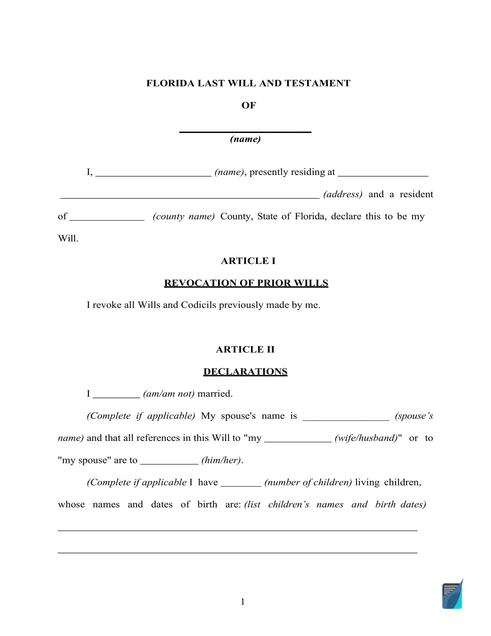 Fillable Florida Last Will And Testament Form [Free] | Formspal pertaining to Free Printable Last Will And Testament Blank Forms Florida