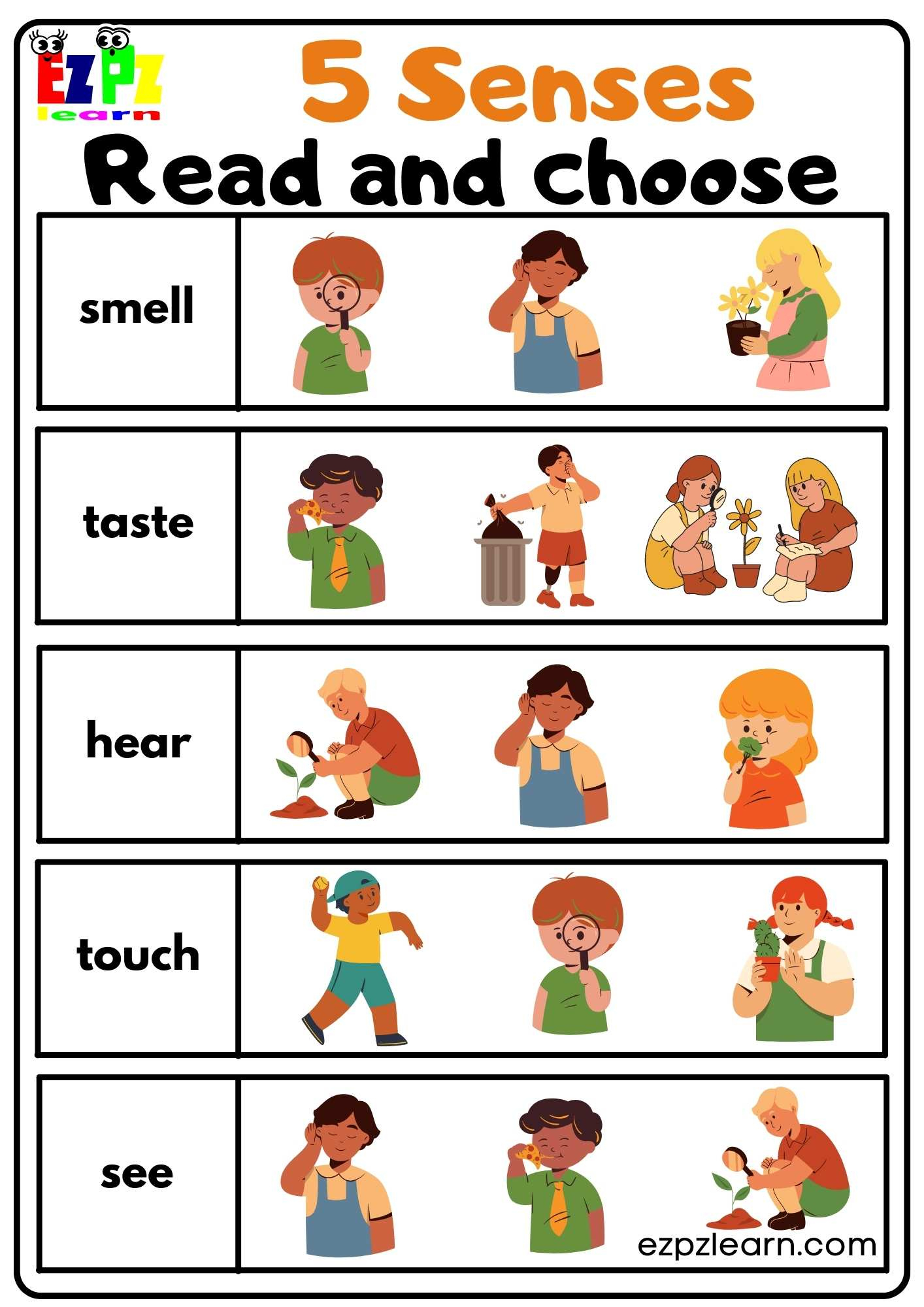 Five Senses Read And Choose Worksheet For Kindergarten And Esl pertaining to Free Printable Worksheets Kindergarten Five Senses