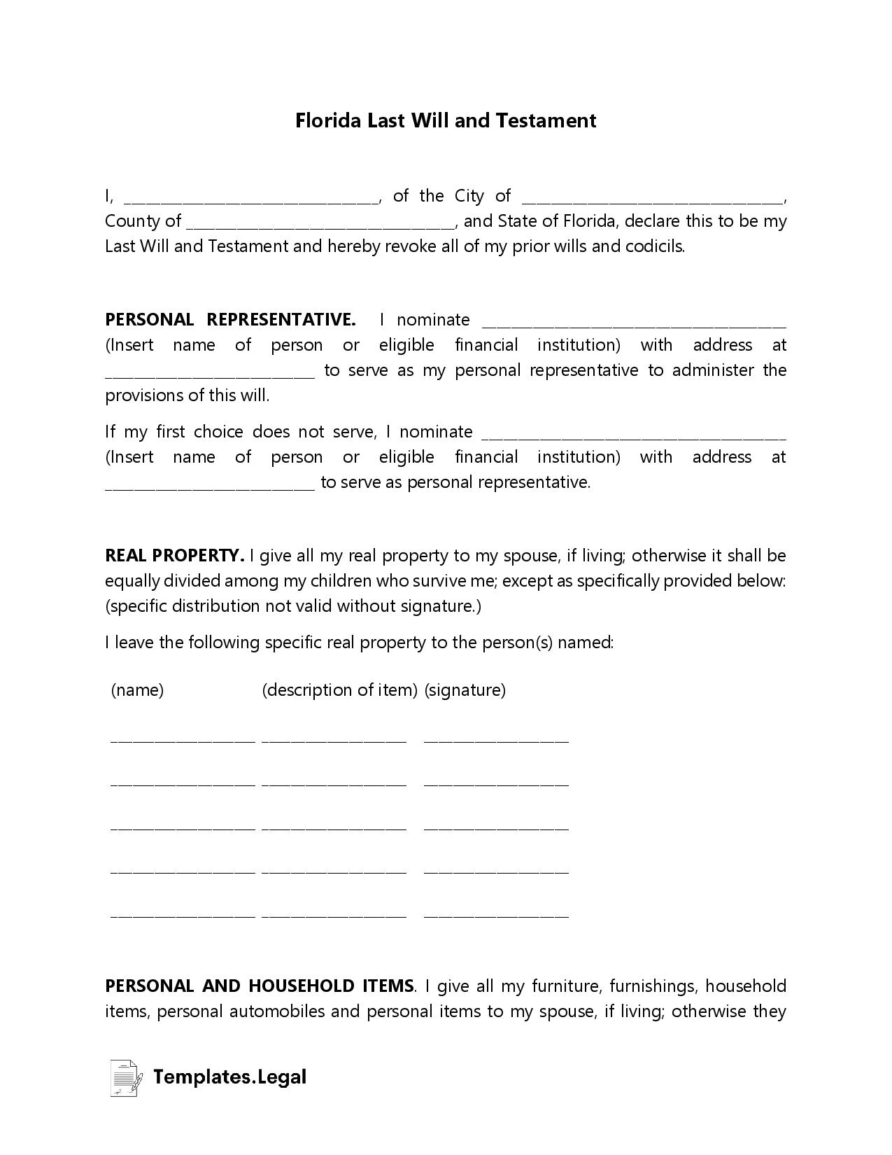 Florida Last Will And Testament Templates (Free) [Word, Pdf, Odt] intended for Free Printable Florida Last Will And Testament Form