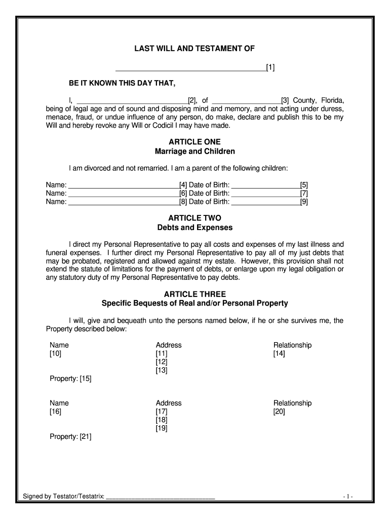 Florida Will Template - Fill Online, Printable, Fillable, Blank throughout Free Printable Florida Will