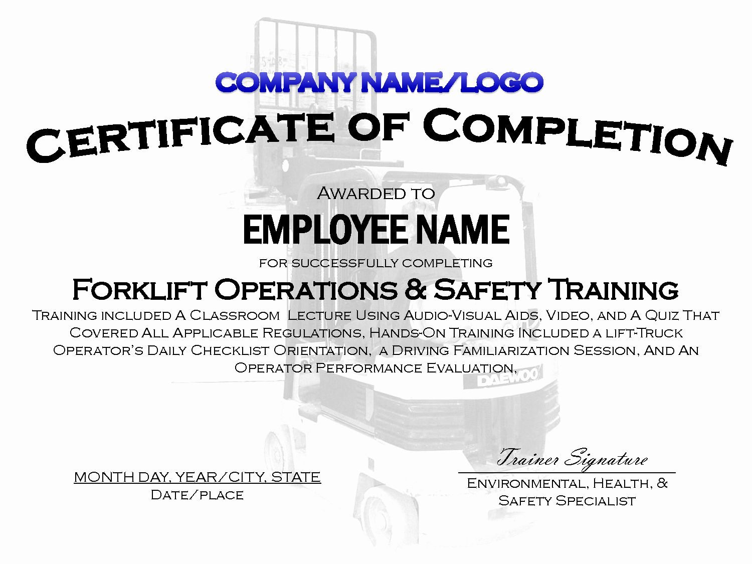 Forklift Training Certificate Template with regard to Free Printable Forklift License Template