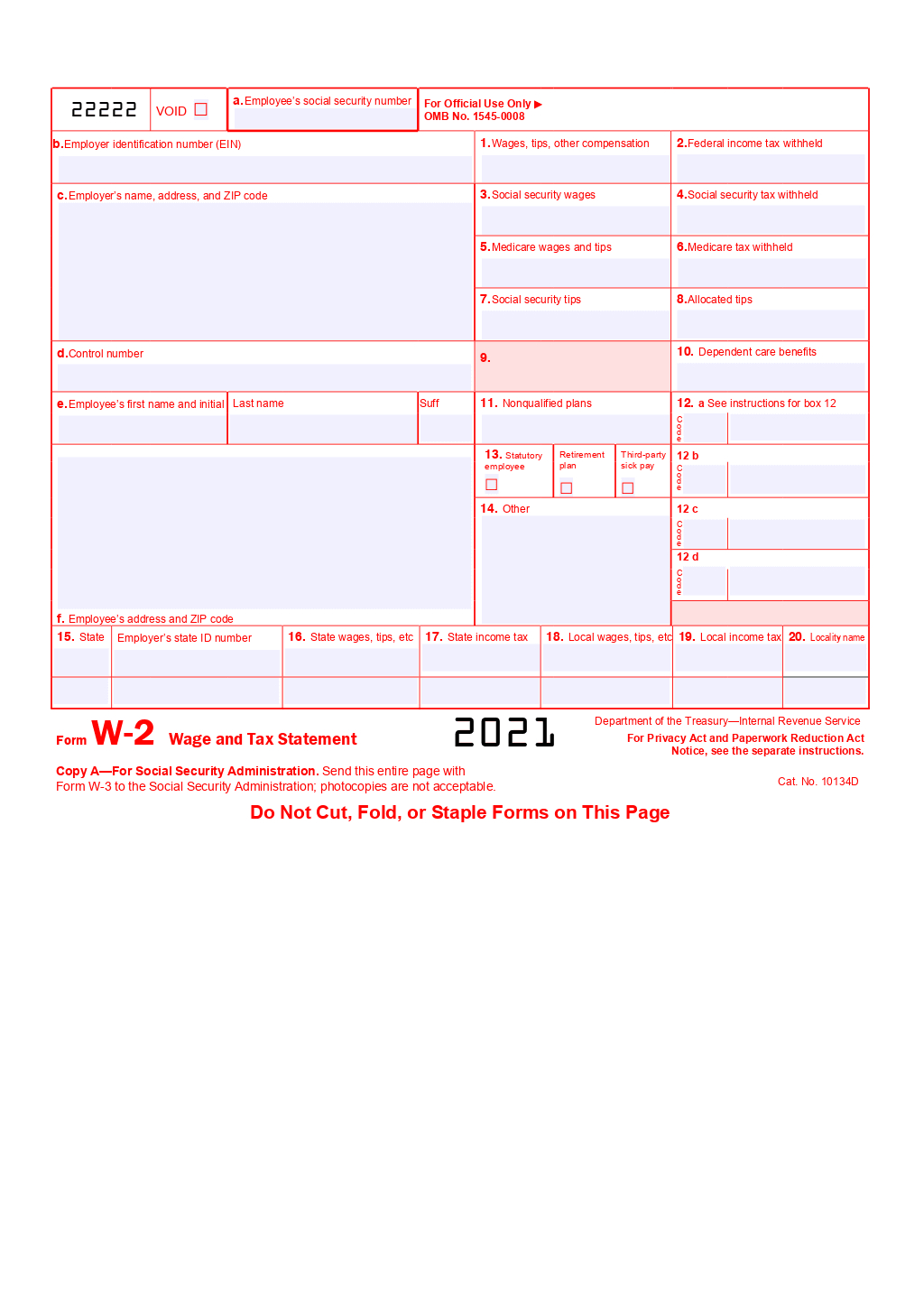 Form W-2 (Wage And Tax Statement) Template within Free W2 Forms Online Printable