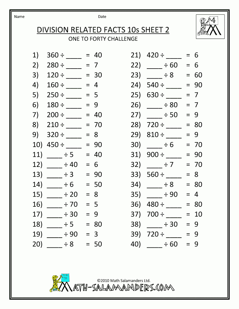 Free-4Th-Grade-Math-Worksheets-Division-Tables-Related-Facts-10S-2 regarding Free Printable Math Worksheets for 4th Grade