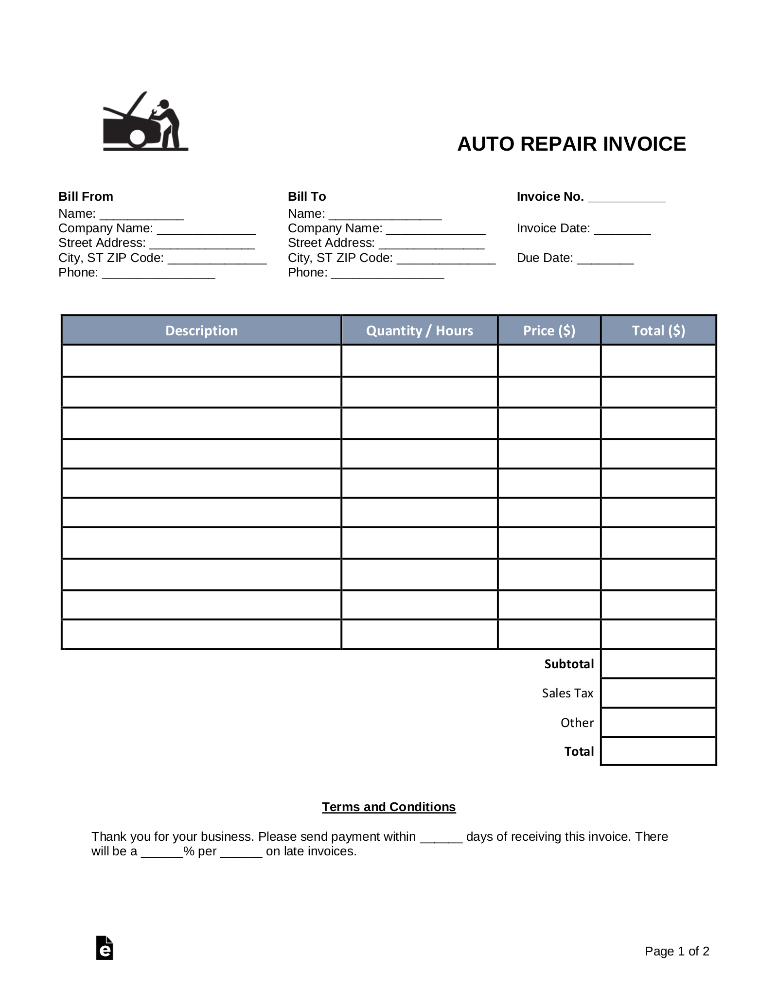 Free Auto Body (Mechanic) Invoice Template - Pdf | Word – Eforms regarding Free Printable Auto Repair Invoice Template