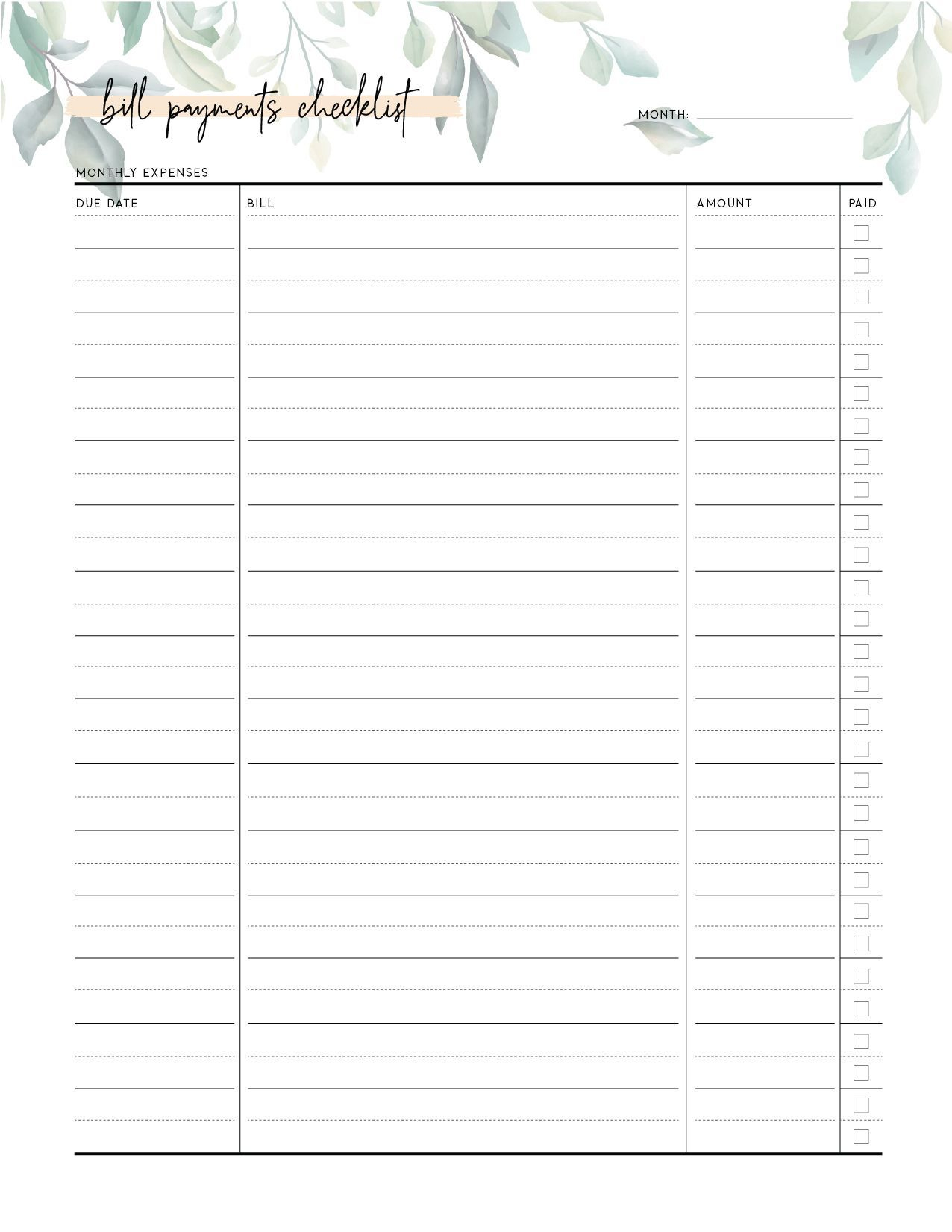 Free Bill Payment Checklist Pdf - World Of Printables | Bill intended for Free Printable Monthly Bill Checklist