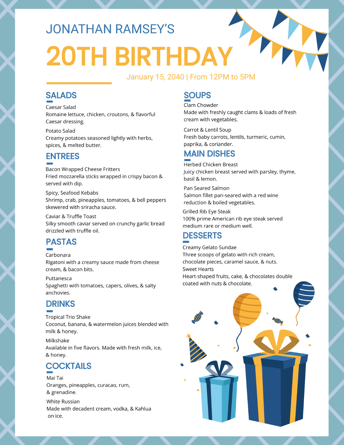 Free Birthday Menu Templates &amp;amp; Examples - Edit Online &amp;amp; Download intended for Free Printable Birthday Menu Templates