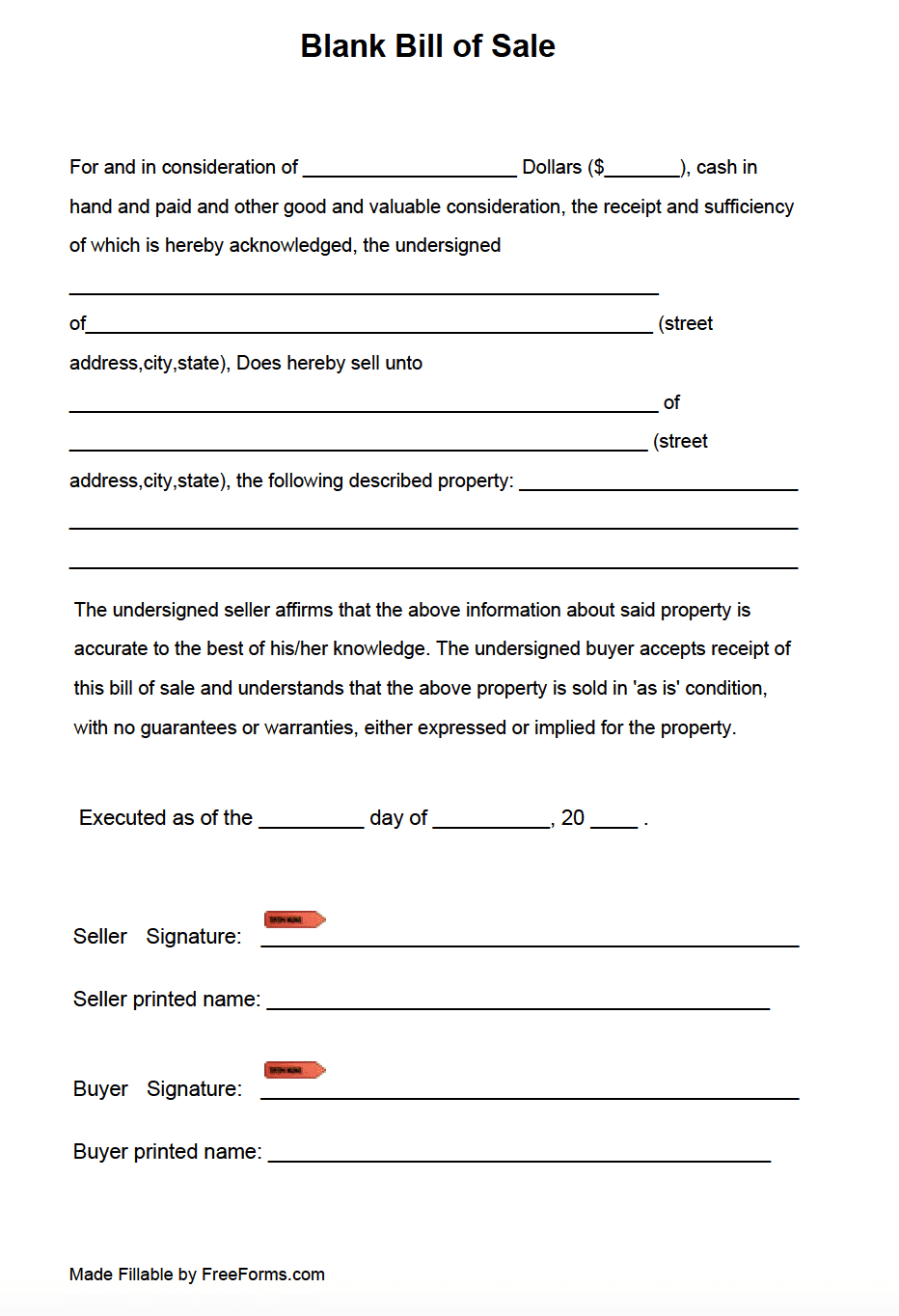 Free Blank Bill Of Sale Form | Pdf for Free Printable Bill Of Sale Form