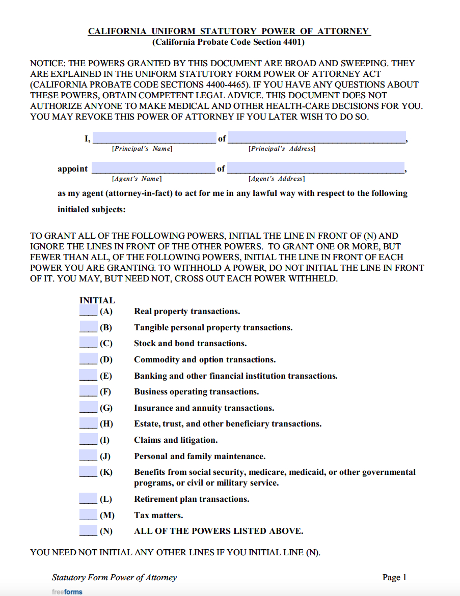 Free California Power Of Attorney Forms | Pdf throughout Free Printable Power Of Attorney Form California