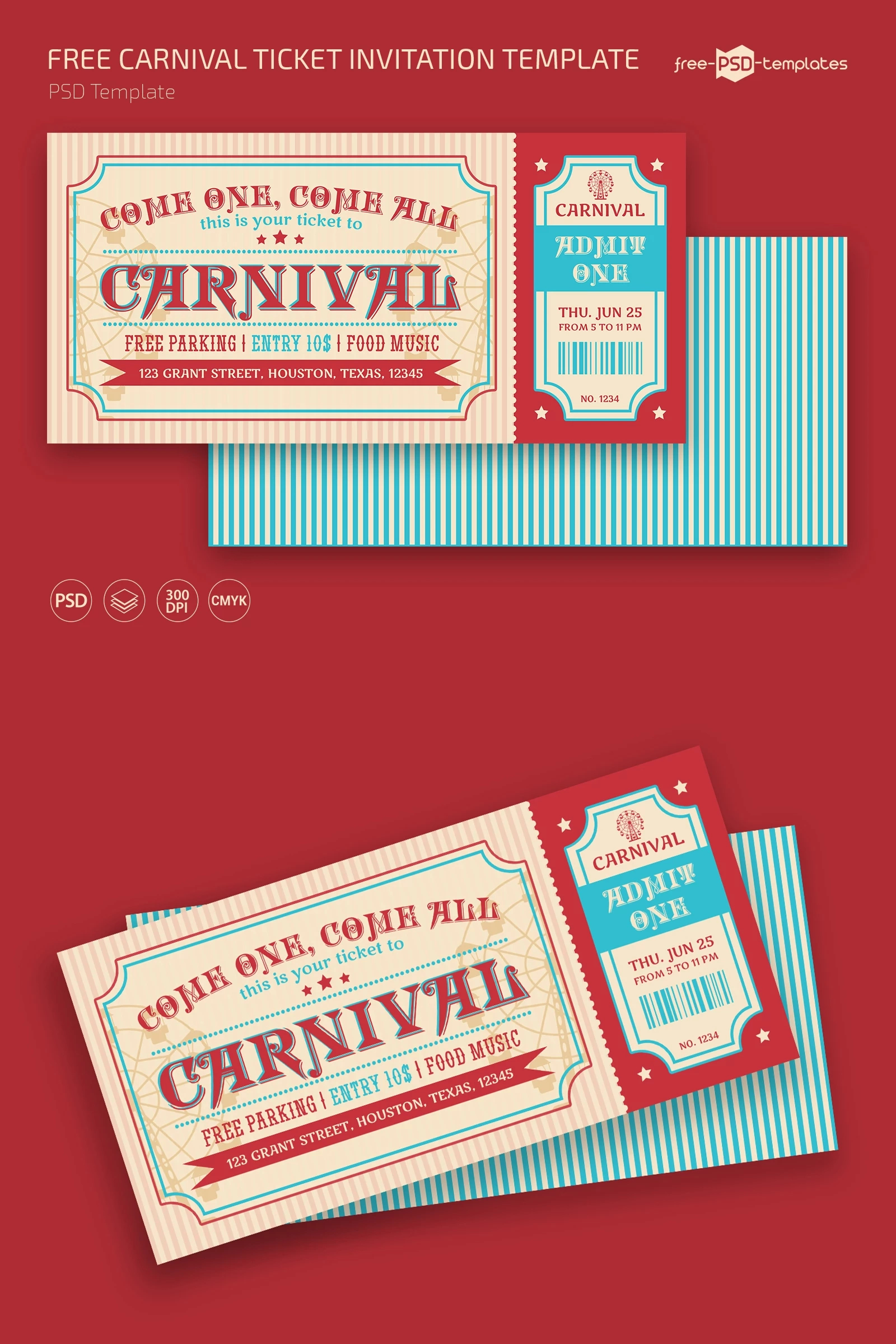 Free Carnival Ticket Invitation Template For Photoshop (Psd) inside Free Printable Ticket Invitation Templates