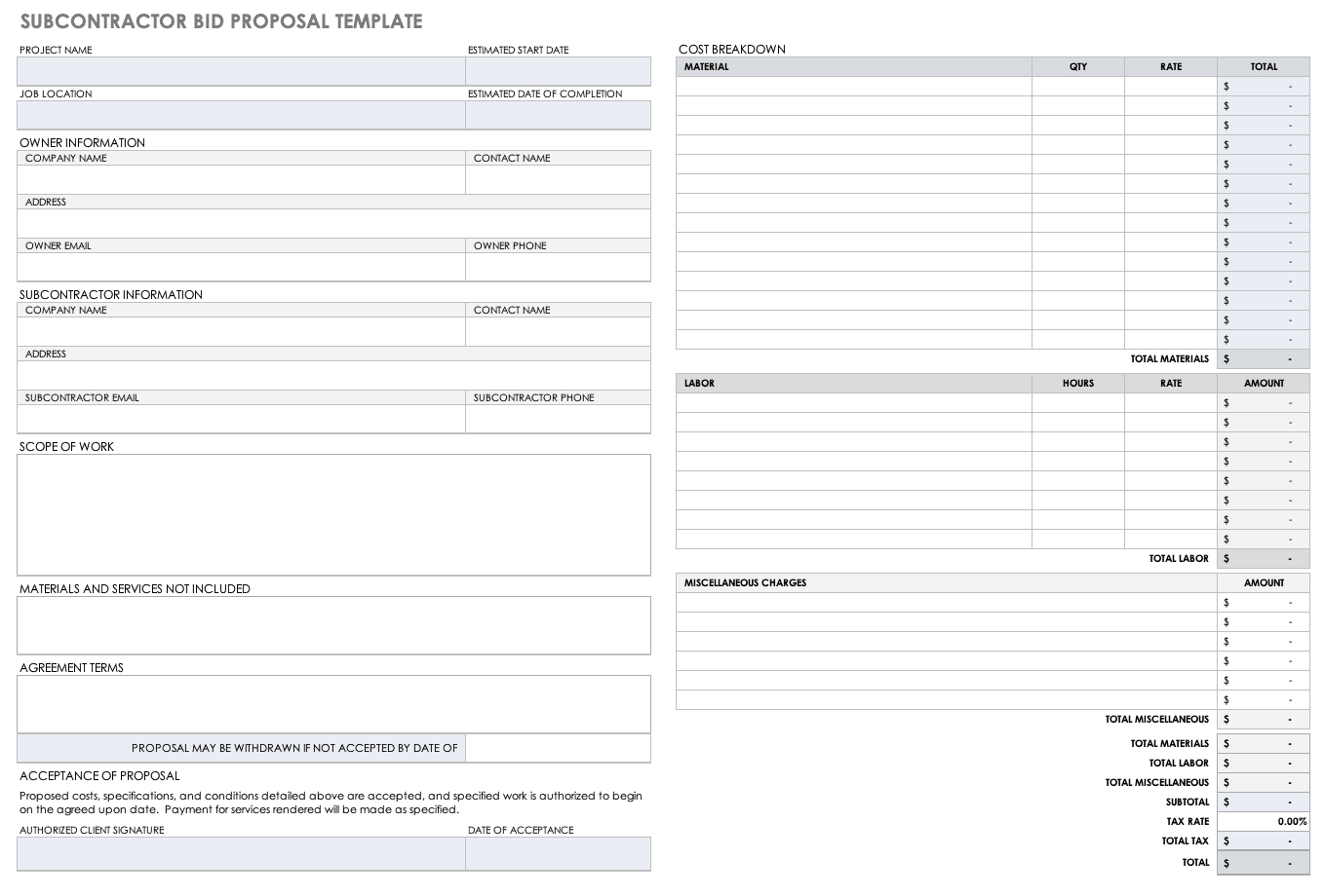 Free Construction Bid Templates | Smartsheet intended for Free Printable Contractor Proposal Forms