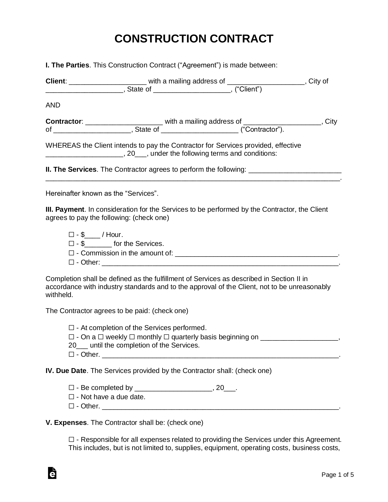 Free Construction Contract Template | Sample - Pdf | Word – Eforms inside Free Printable Construction Contracts