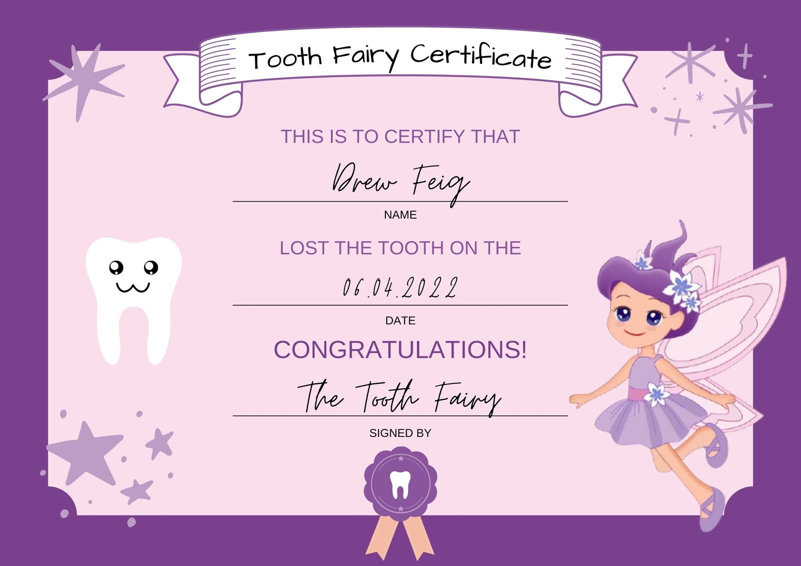 Free Customizable Tooth Fairy Certificate Templates | Canva with Free Printable Tooth Fairy Certificate