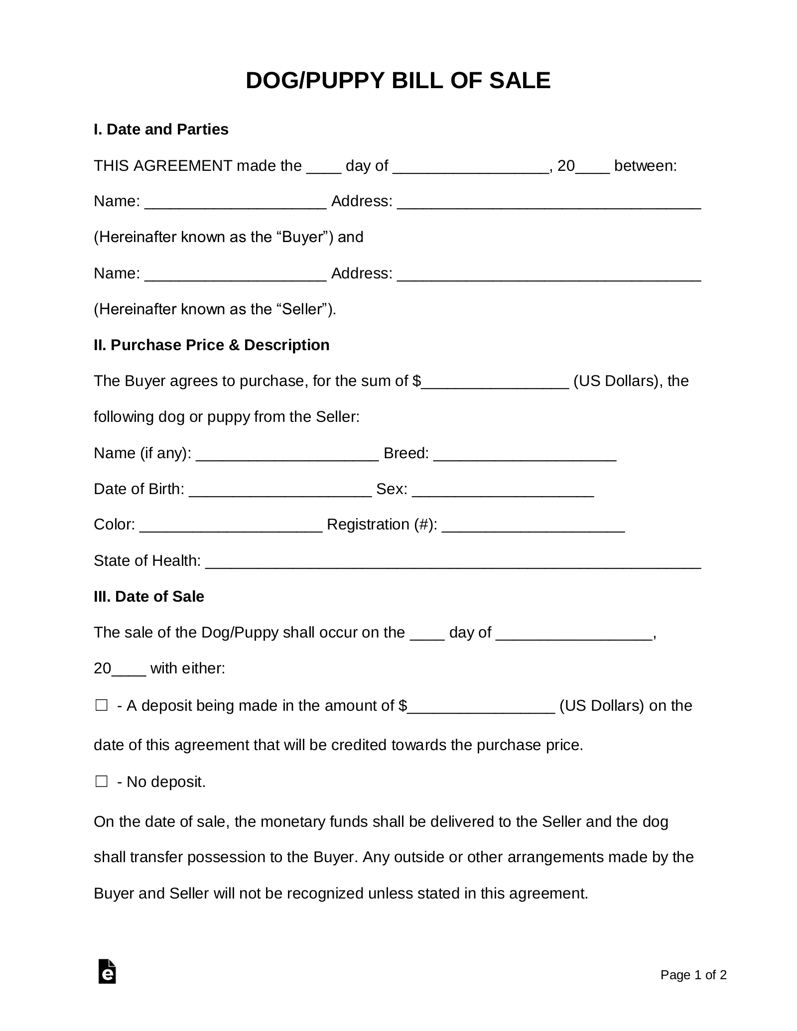 Free Dog/Puppy Bill Of Sale Form - Pdf | Word – Eforms regarding Free Printable Puppy Sales Contract