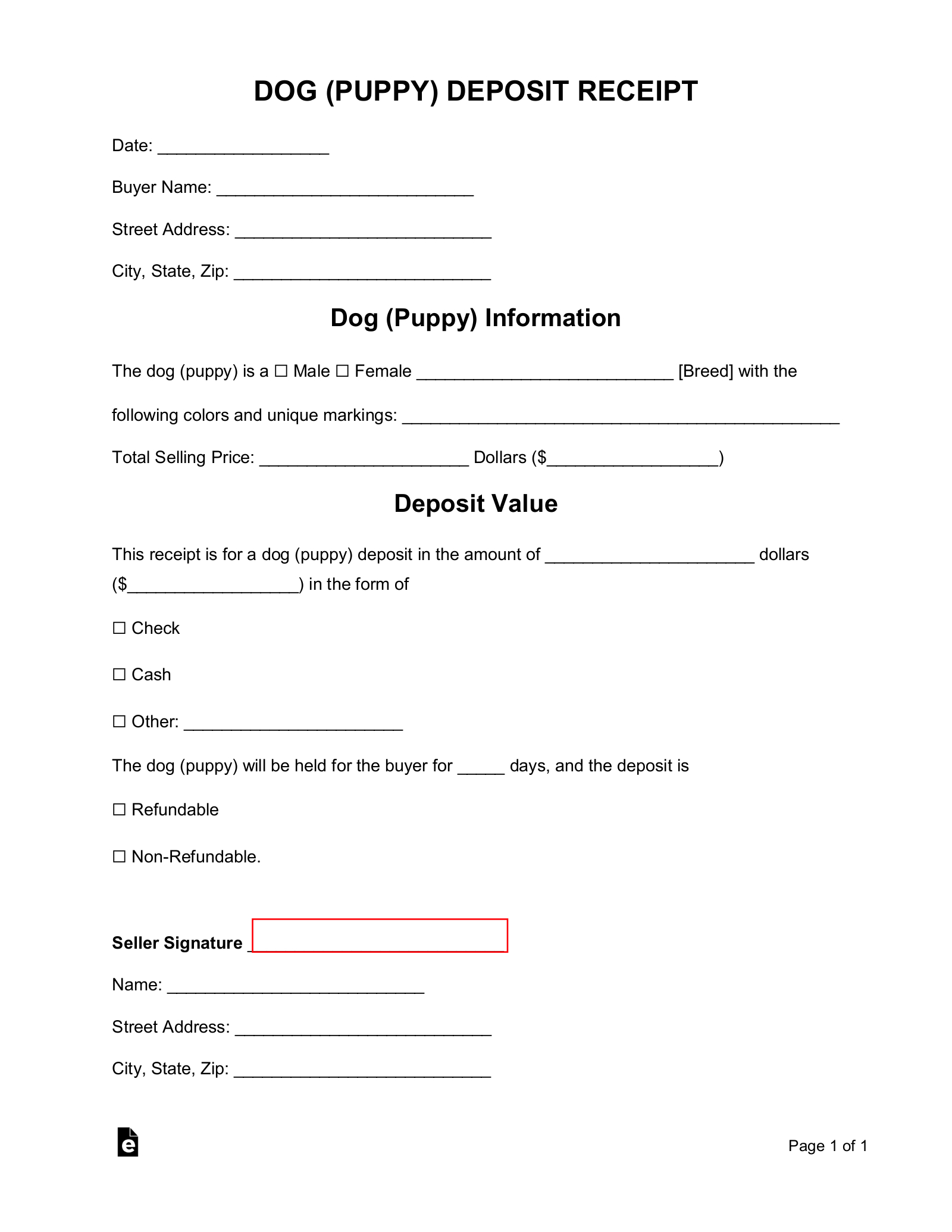 Free Dog (Puppy) Deposit Receipt Template - Pdf | Word – Eforms with Free Printable Puppy Sales Contract