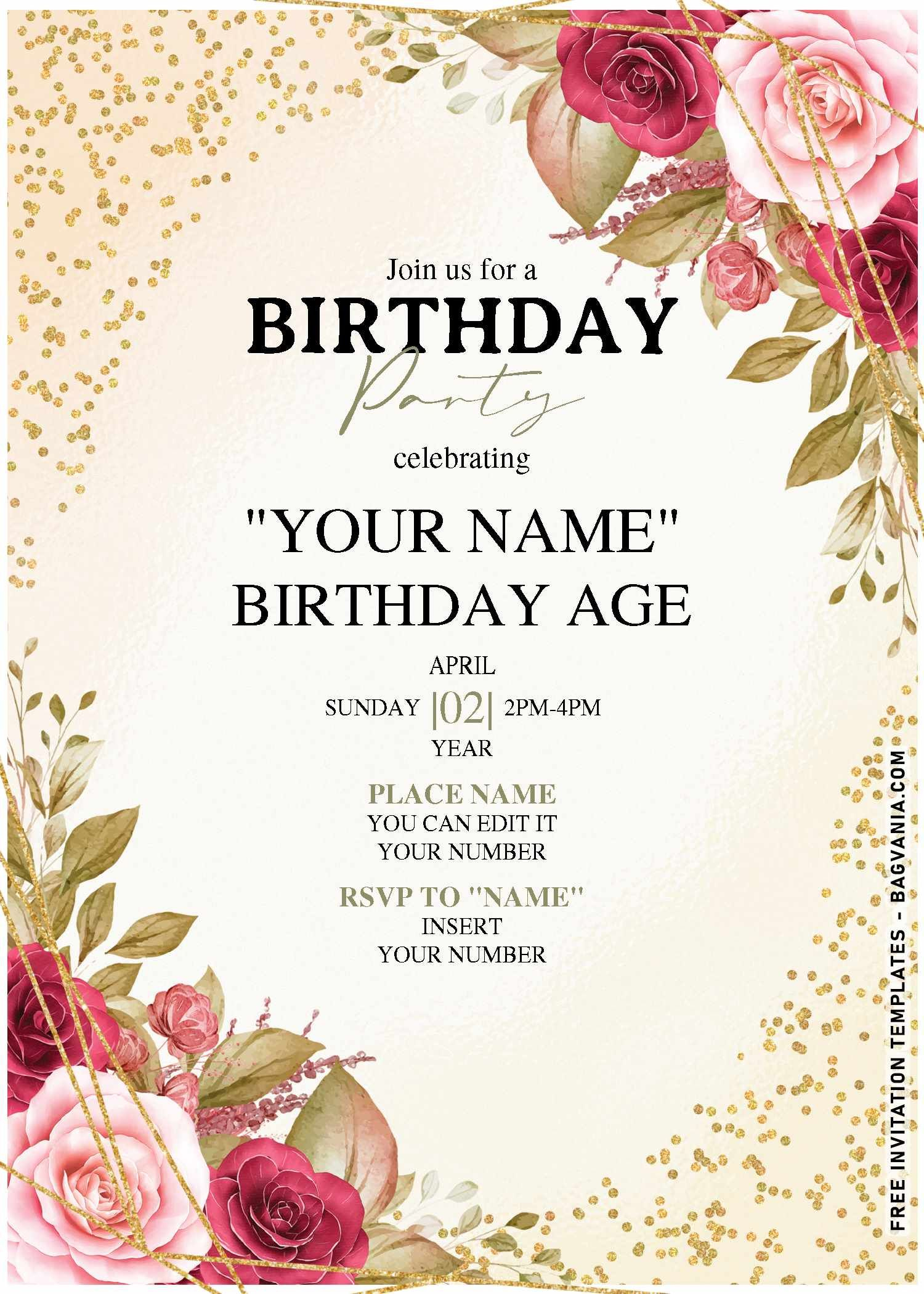 Free Editable Pdf) Champagne Gold Glitter Floral Birthday within Free Printable Birthday Invitation Cards Templates