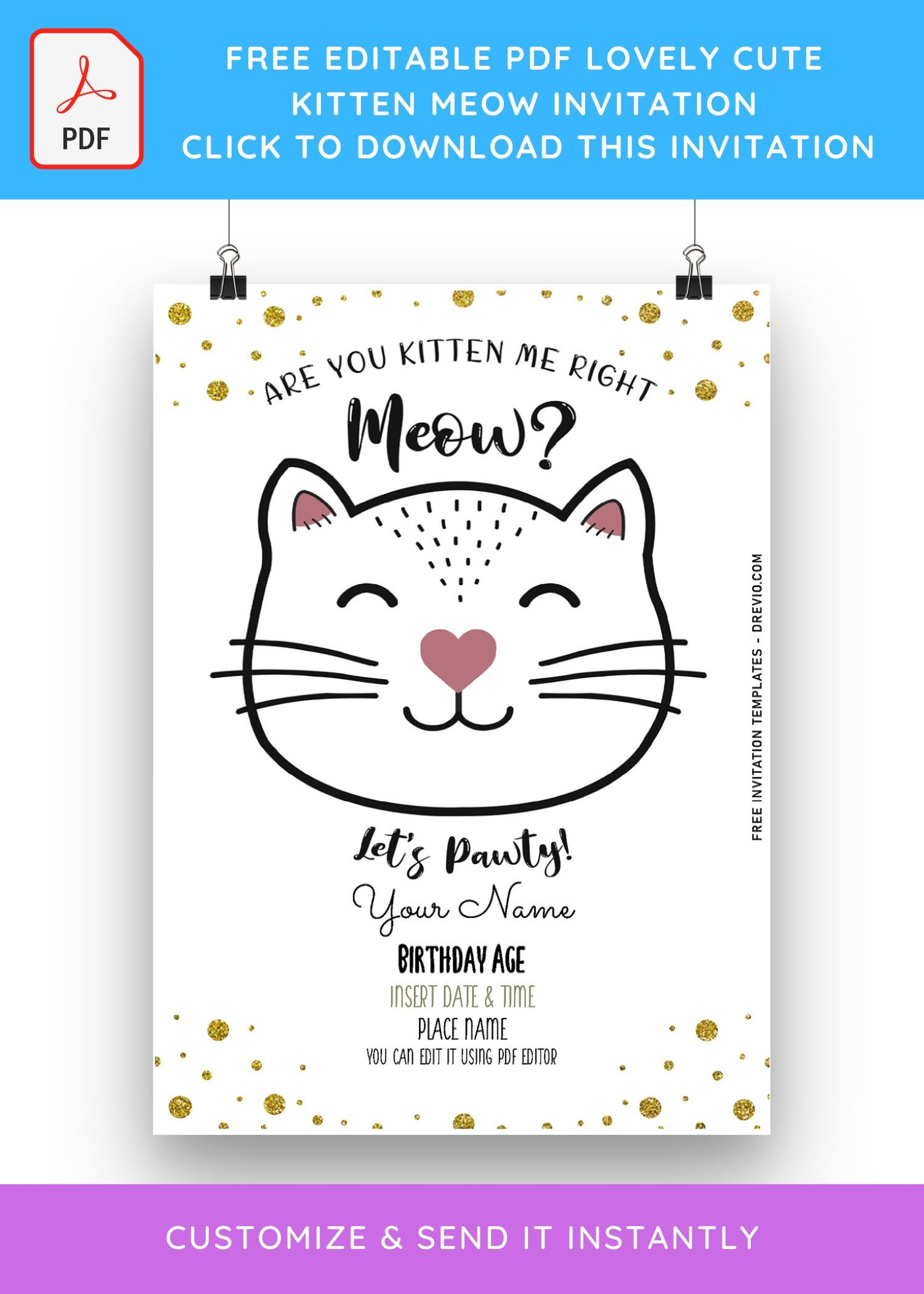 Free Editable Pdf) Lovely Cute Kitten Meow Birthday Invitation in Free Printable Kitten Birthday Invitations