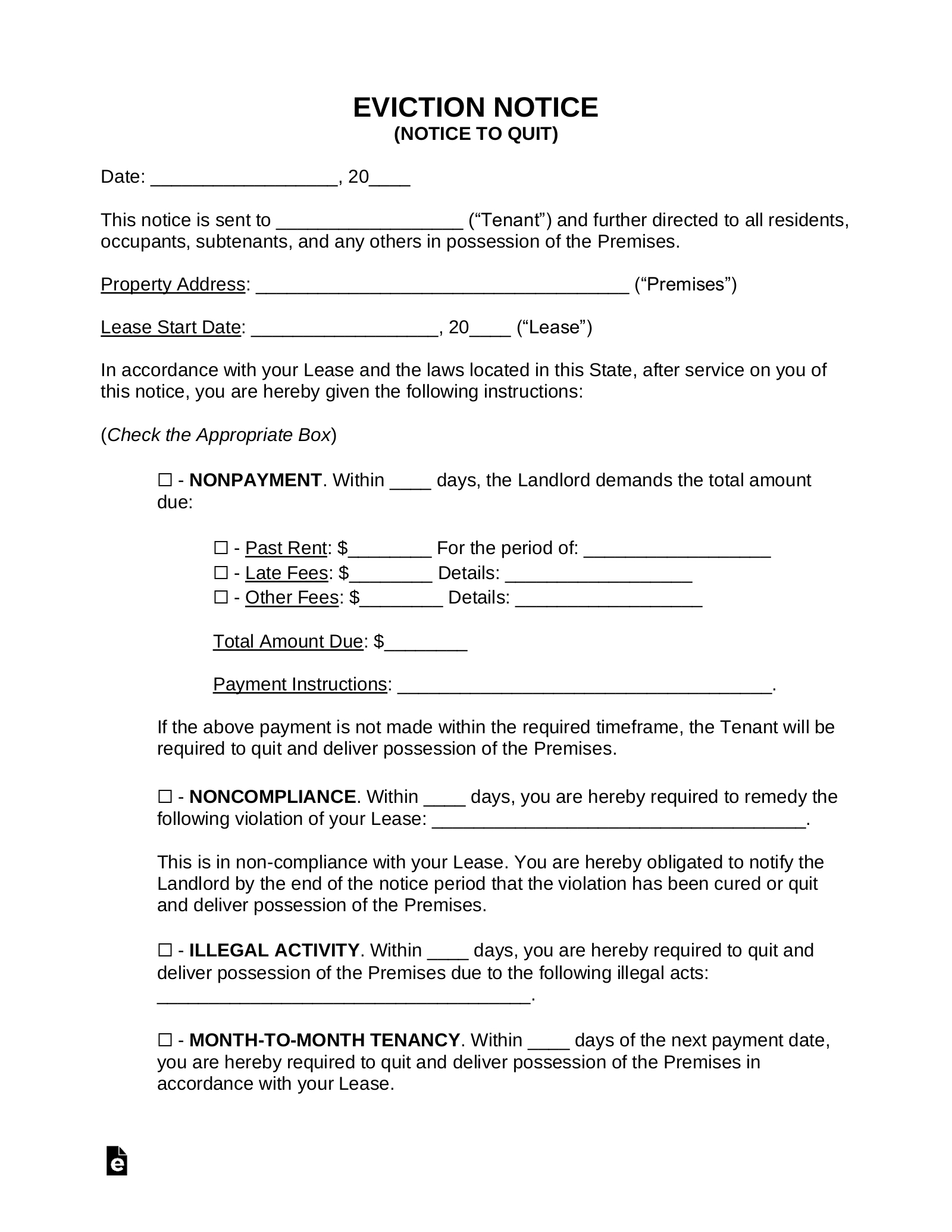 Free Eviction Notice Template (Notice To Quit) - Pdf | Word – Eforms for Free Printable Blank Eviction Notice