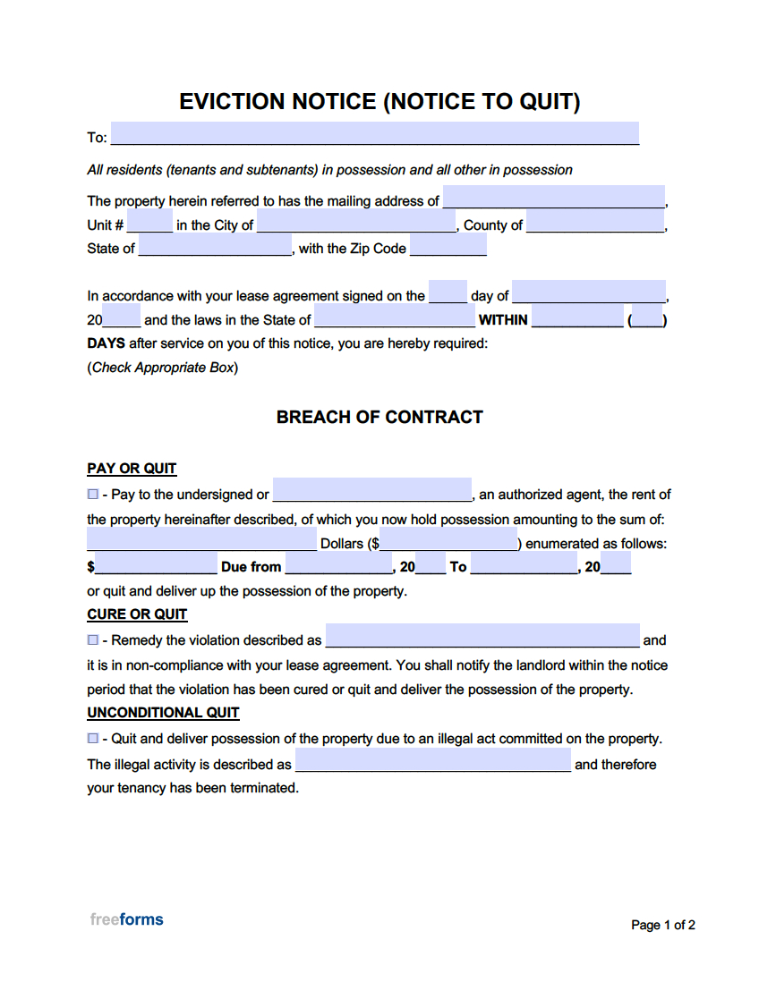 Free Eviction Notice Templates (Notices To Quit) | Pdf | Word throughout Free Printable Blank Eviction Notice