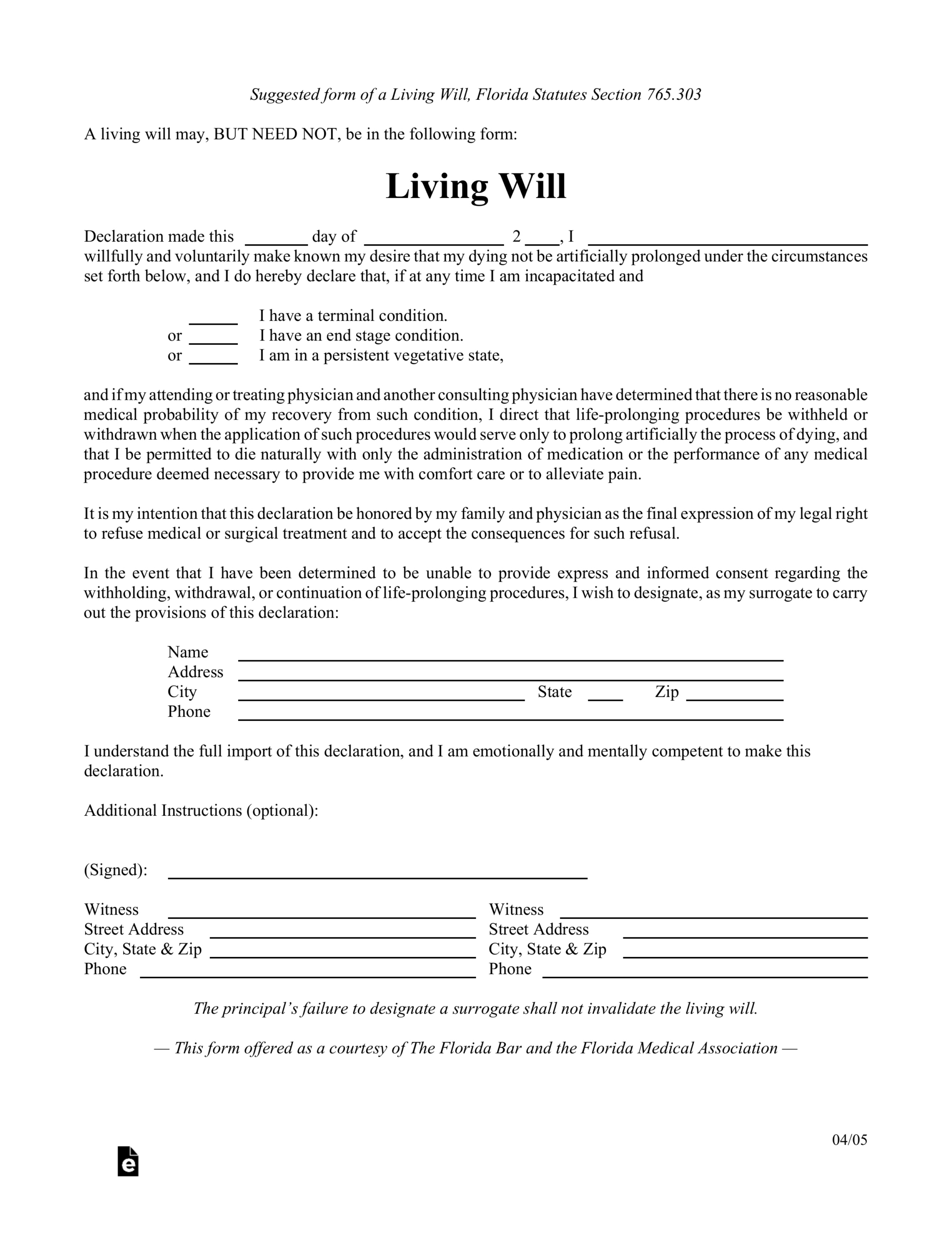 Free Florida Living Will Form - Pdf – Eforms with Free Printable Living Will Forms Florida