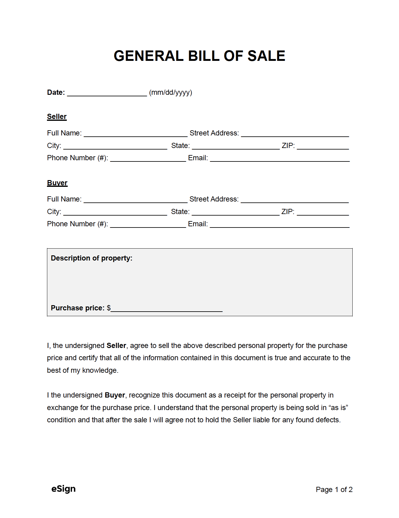 Free General Bill Of Sale Form | Pdf | Word regarding Free Printable Bill Of Sale Form