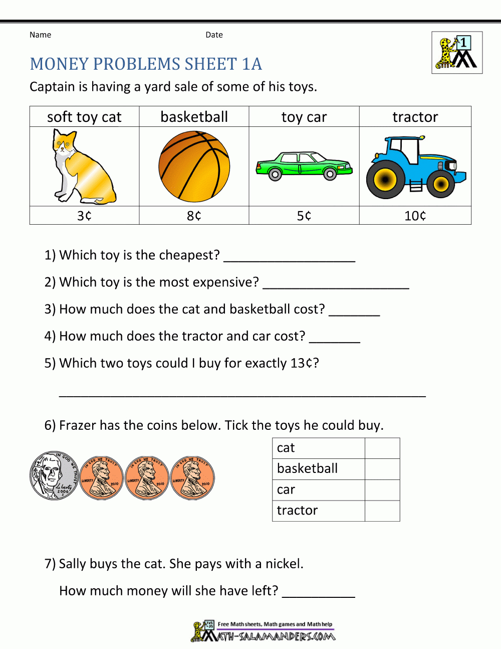 Free Grade Money Worksheets in Free Printable Money Word Problems Worksheets