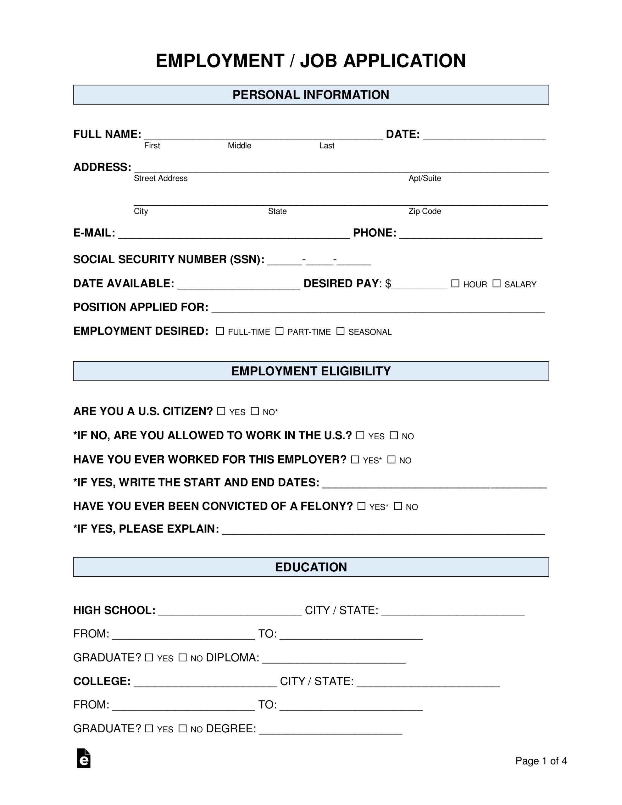 Free Job Application Form (Standard Template) - Pdf | Word – Eforms pertaining to Free Printable Job Application Form